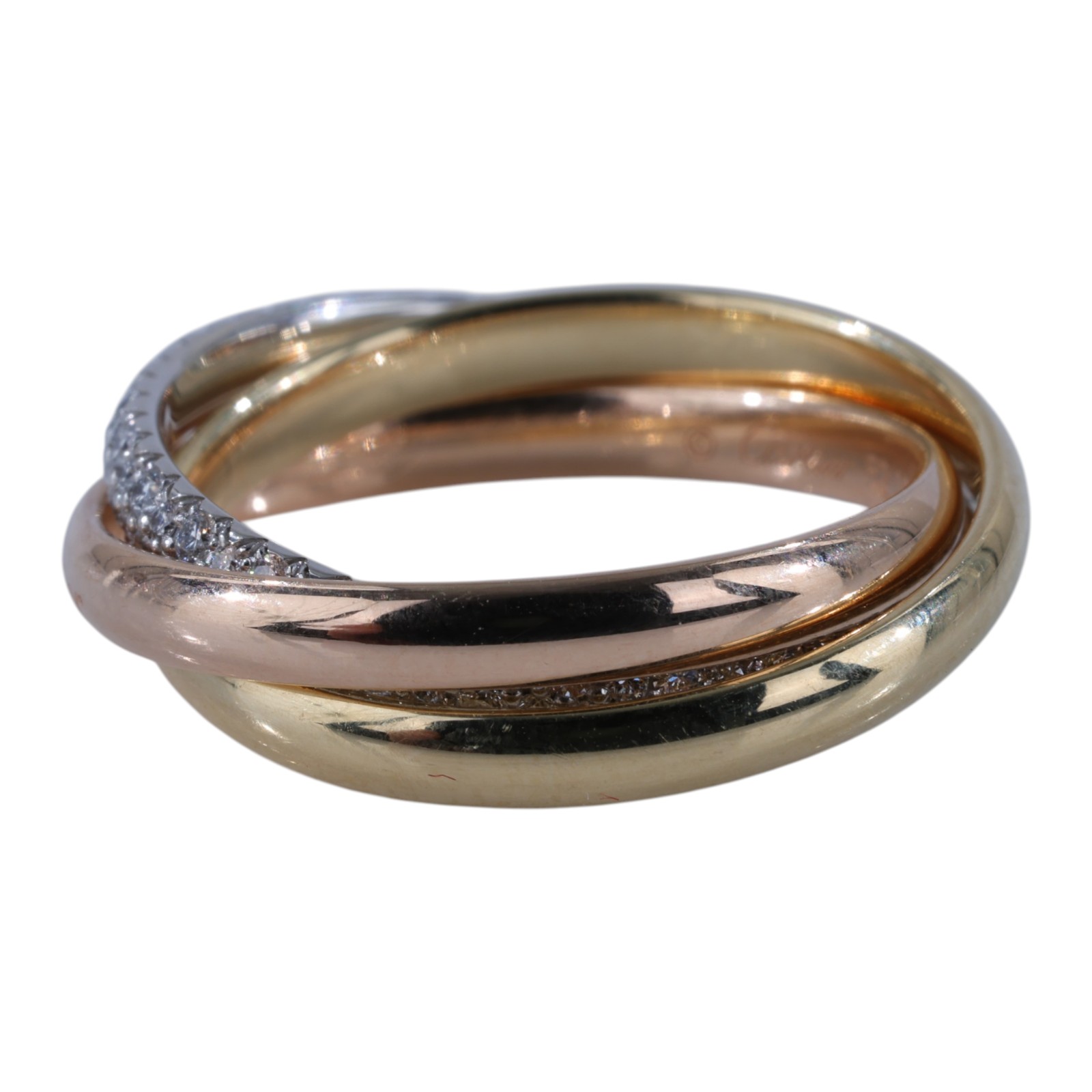 卡地亞 CARTIER Trinity 戒指 小型款 半鋪鑲鑽石 B4235952 TRINITY三環鑽圈戒指#52 防塵袋/原廠盒子2/購買證明