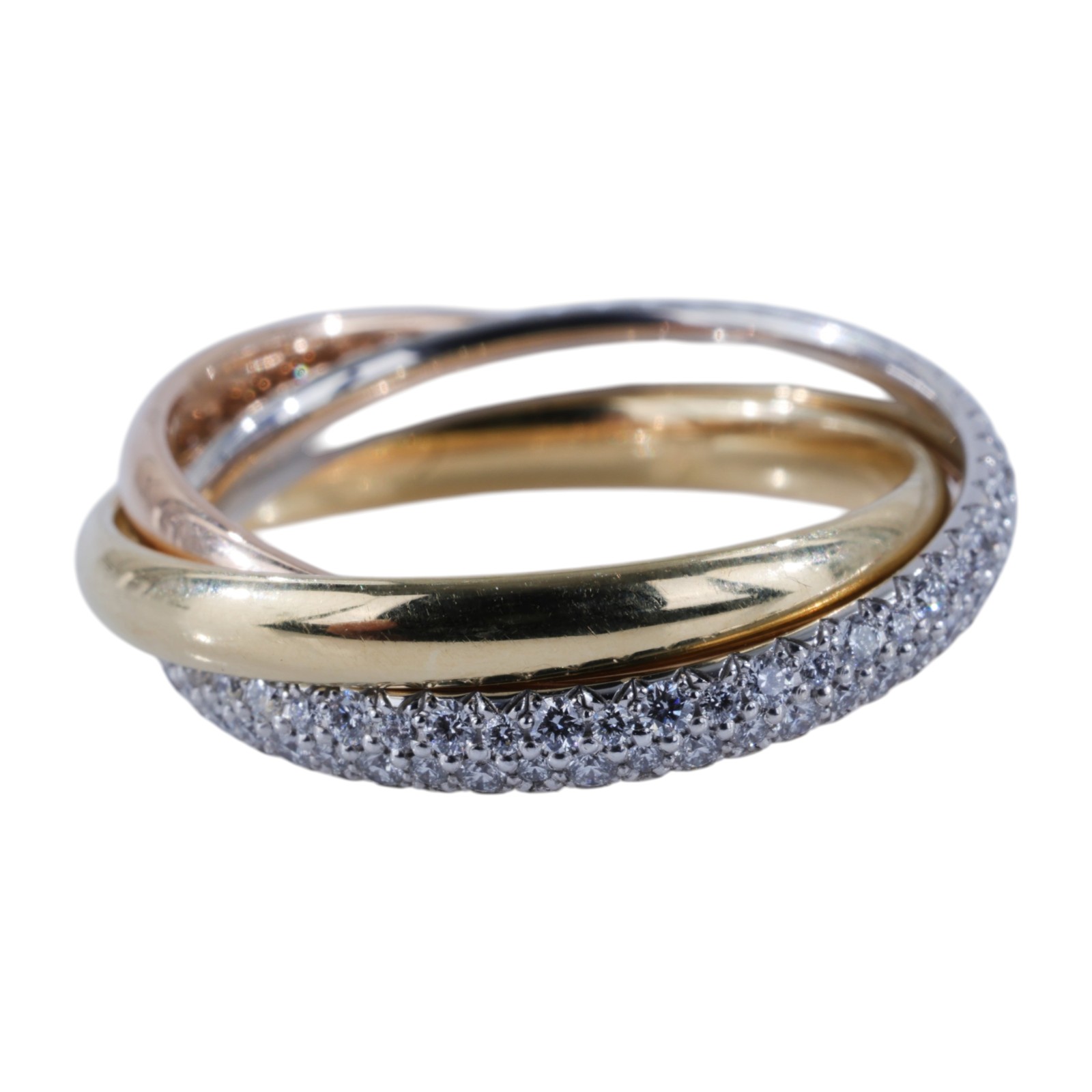 卡地亞 CARTIER Trinity 戒指 小型款 半鋪鑲鑽石 B4235952 TRINITY三環鑽圈戒指#52 防塵袋/原廠盒子2/購買證明