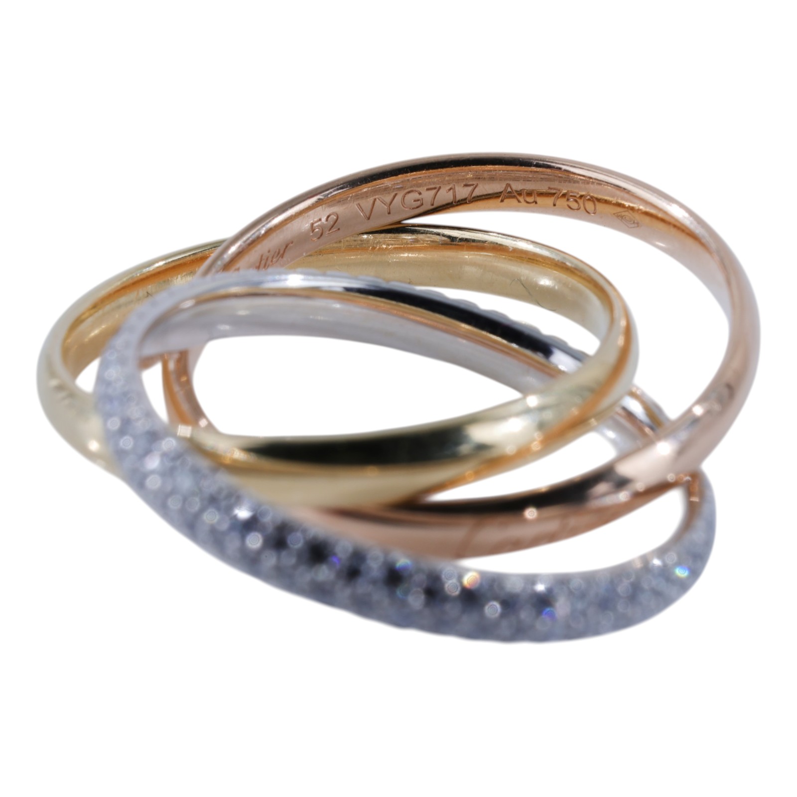 卡地亞 CARTIER Trinity 戒指 小型款 半鋪鑲鑽石 B4235952 TRINITY三環鑽圈戒指#52 防塵袋/原廠盒子2/購買證明