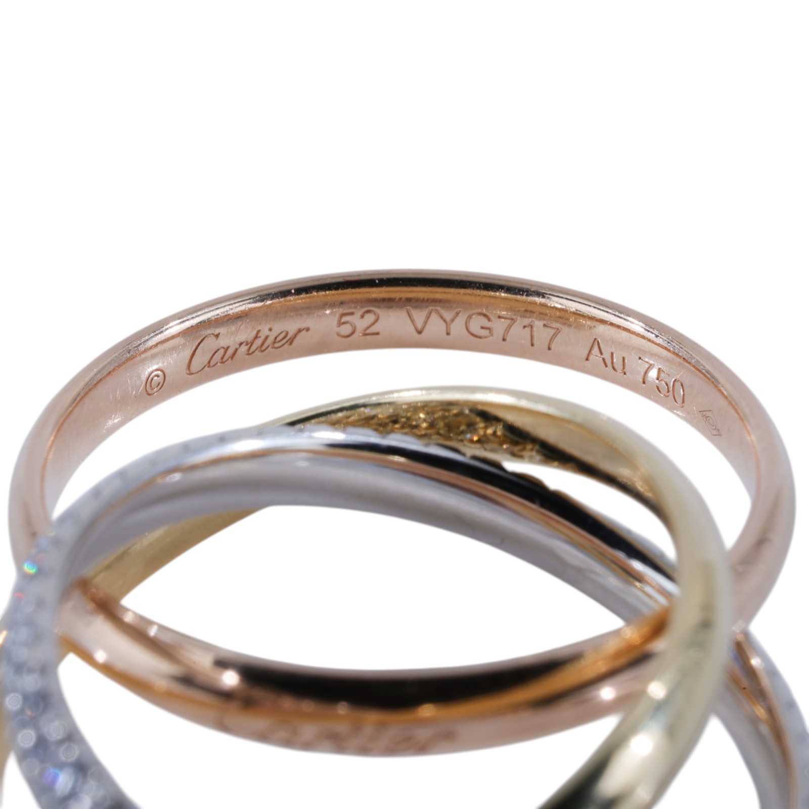 卡地亞 CARTIER Trinity 戒指 小型款 半鋪鑲鑽石 B4235952 TRINITY三環鑽圈戒指#52 防塵袋/原廠盒子2/購買證明