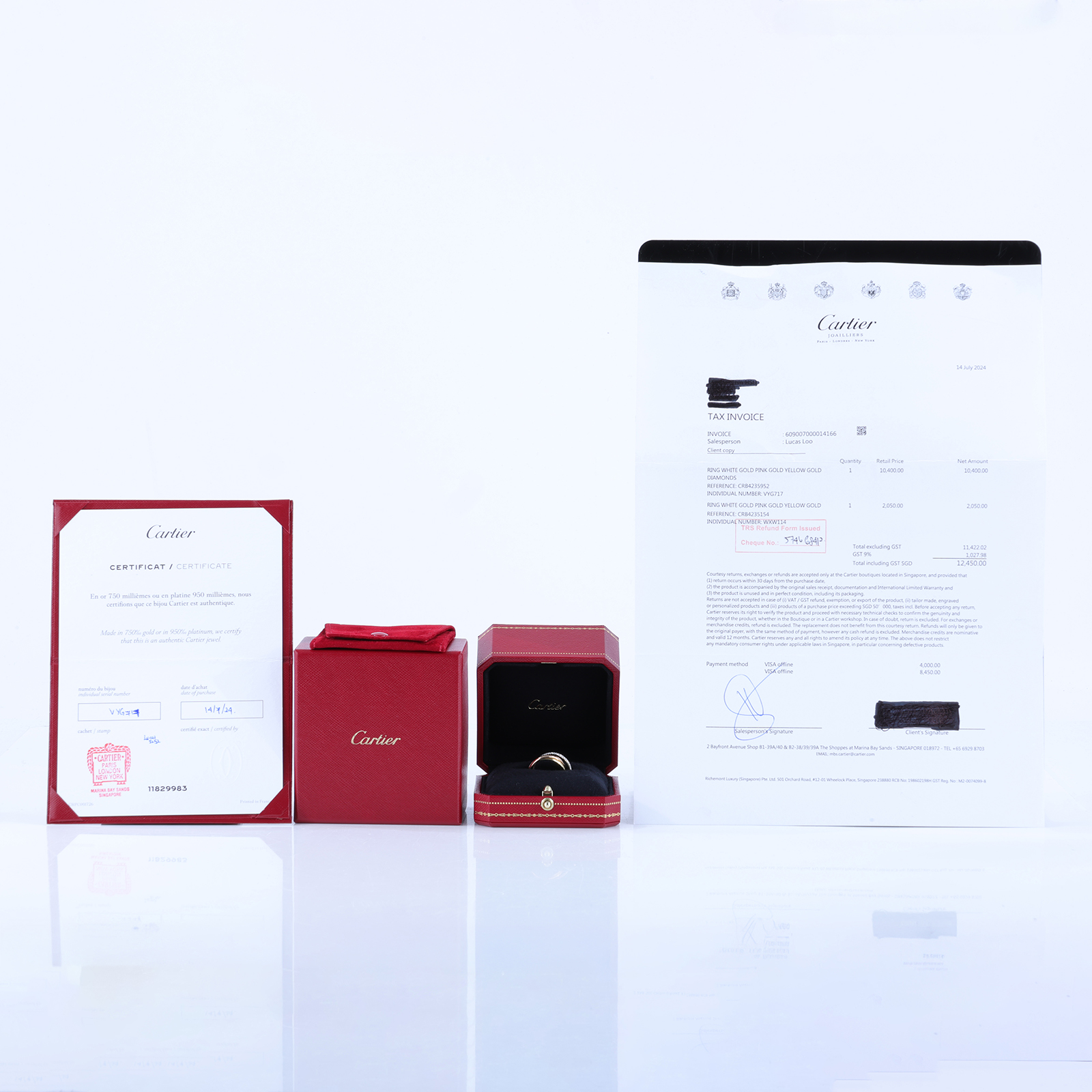 卡地亞 CARTIER Trinity 戒指 小型款 半鋪鑲鑽石 B4235952 TRINITY三環鑽圈戒指#52 防塵袋/原廠盒子2/購買證明