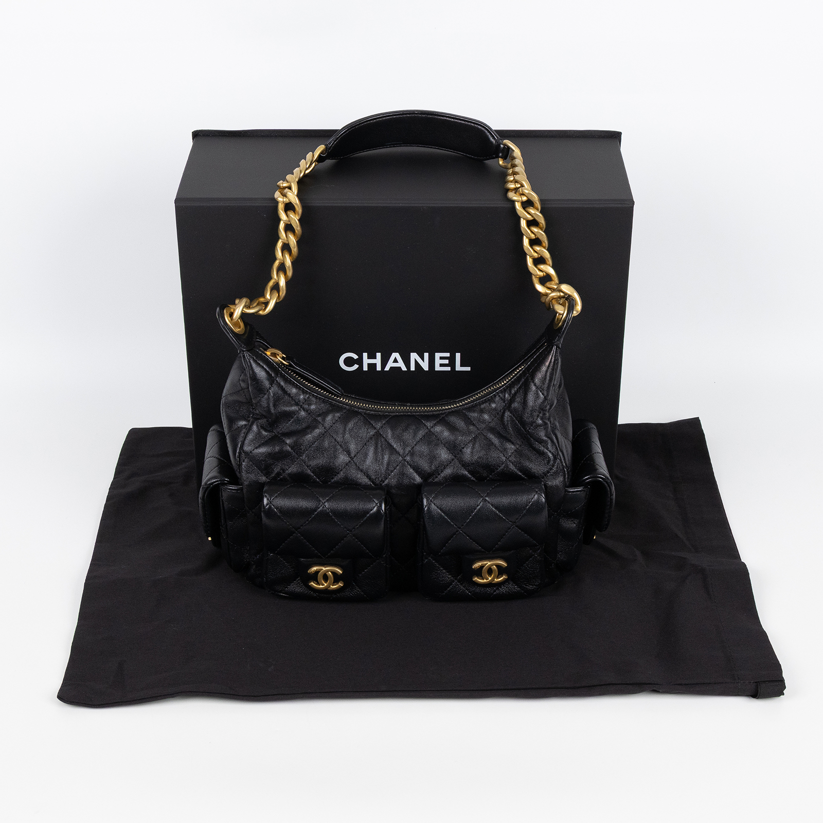 香奈兒 CHANEL 流浪包 AS5339 晶片款 黑金羊HOBO 原廠盒子/防塵袋