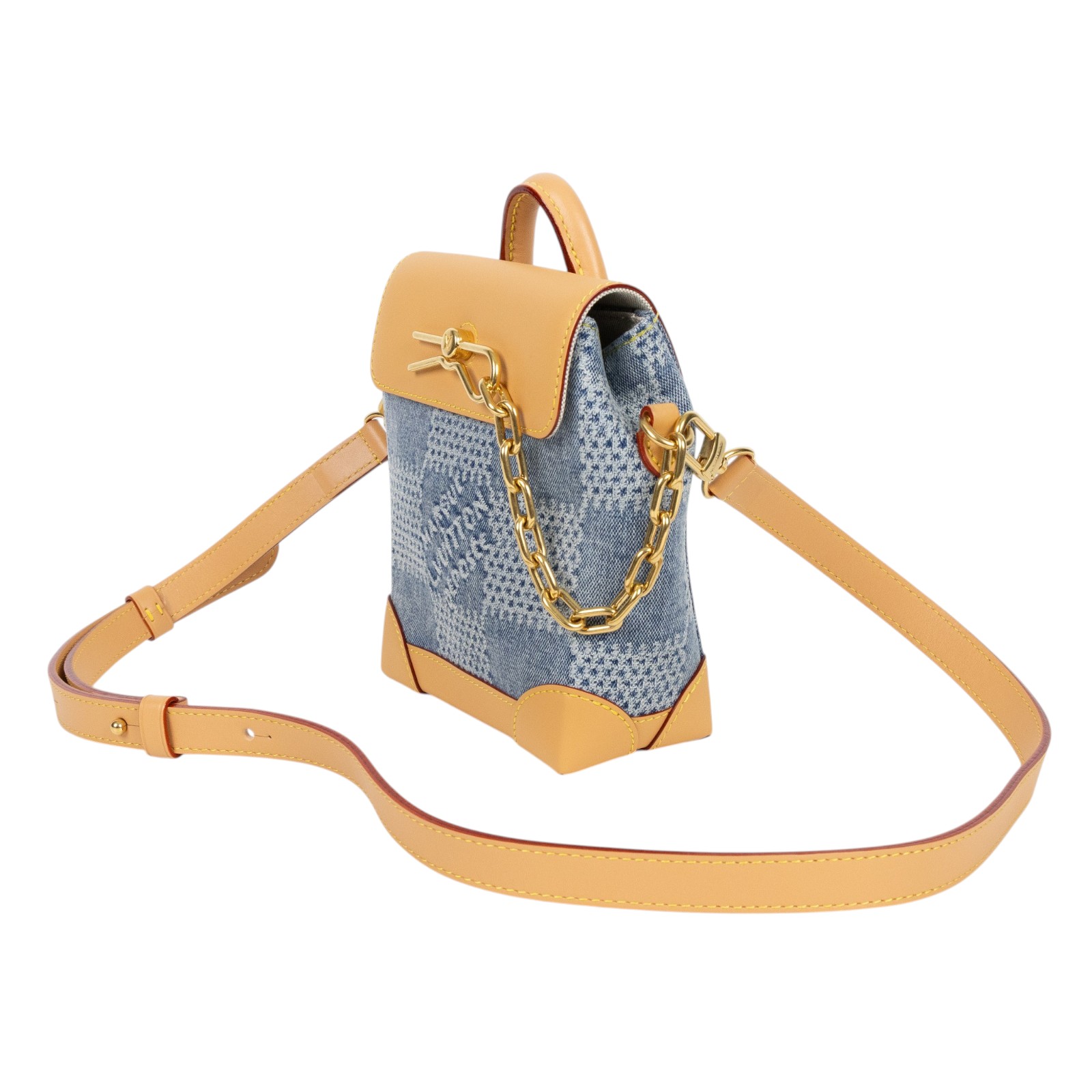 路易威登 LOUIS VUITTON Nano Steamer 斜背包 N40751 晶片款 藍色格子丹甯牛仔迷你小書包 防塵袋