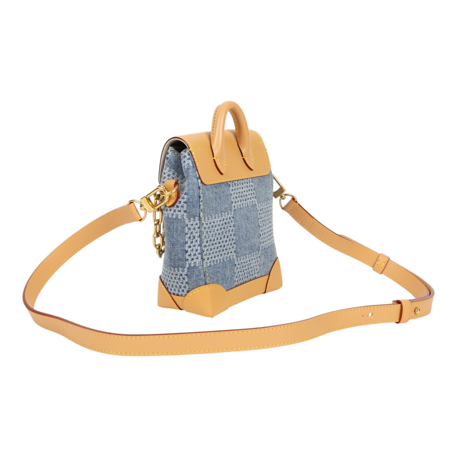 路易威登 LOUIS VUITTON Nano Steamer 斜背包 N40751 晶片款 藍色格子丹甯牛仔迷你小書包 防塵袋