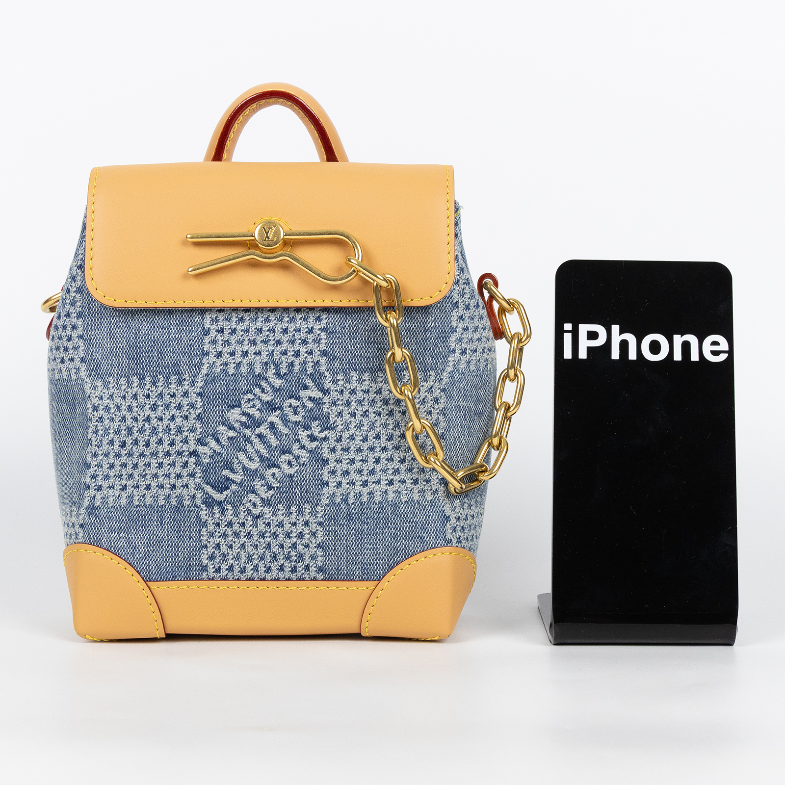 路易威登 LOUIS VUITTON Nano Steamer 斜背包 N40751 晶片款 藍色格子丹甯牛仔迷你小書包 防塵袋