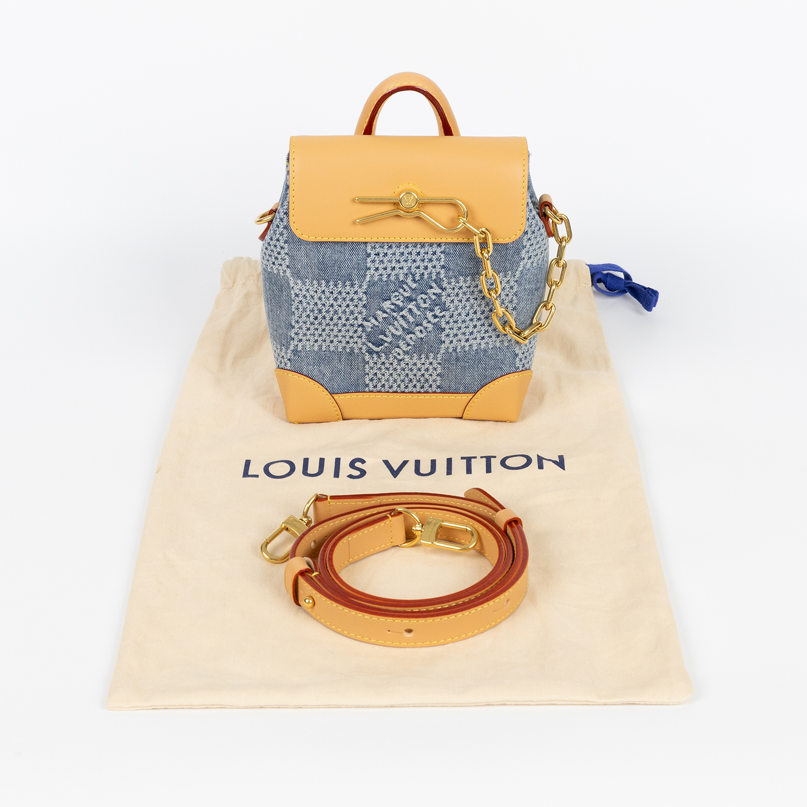 路易威登 LOUIS VUITTON Nano Steamer 斜背包 N40751 晶片款 藍色格子丹甯牛仔迷你小書包 防塵袋