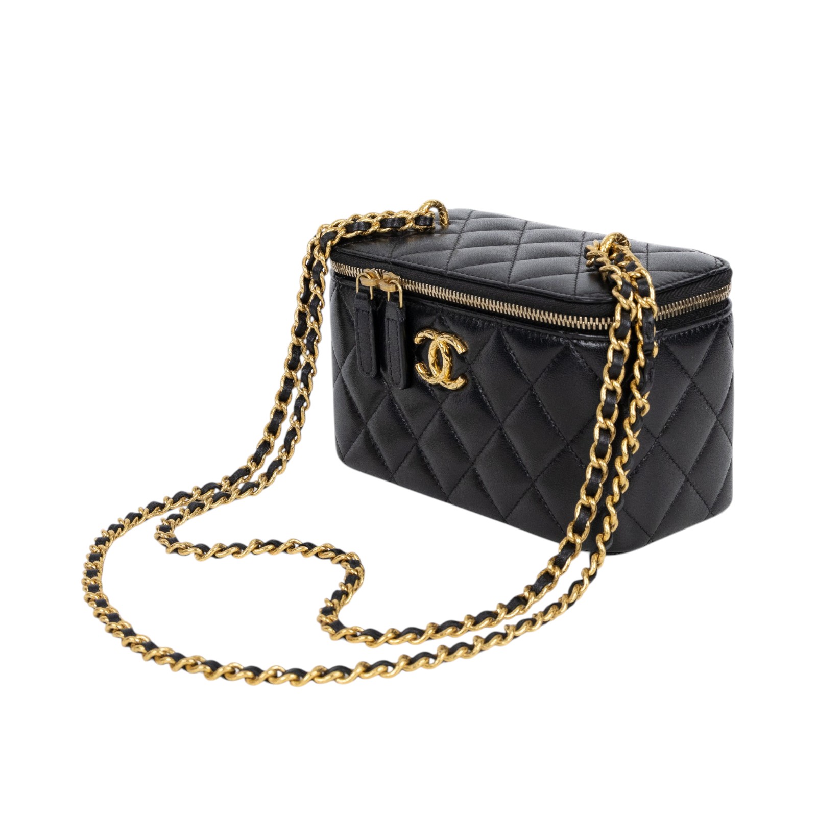 香奈兒 CHANEL Vanity Case Handle 斜背 手提 化妝箱  晶片款 黑金長盒子VANITY 防塵袋/原廠盒子