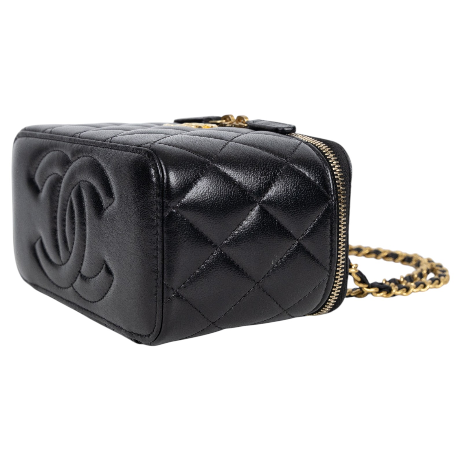 香奈兒 CHANEL Vanity Case Handle 斜背 手提 化妝箱  晶片款 黑金長盒子VANITY 防塵袋/原廠盒子