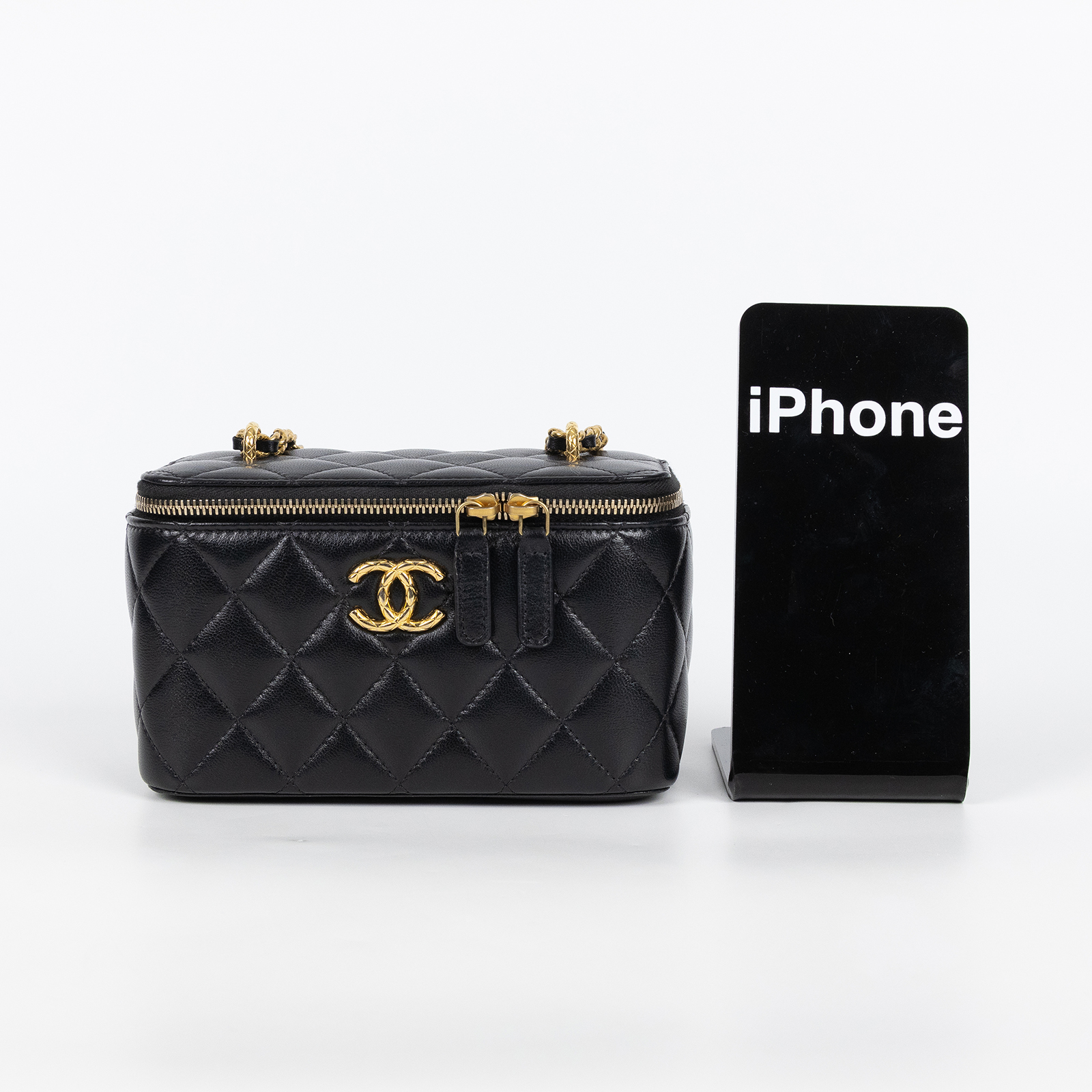 香奈兒 CHANEL Vanity Case Handle 斜背 手提 化妝箱  晶片款 黑金長盒子VANITY 防塵袋/原廠盒子