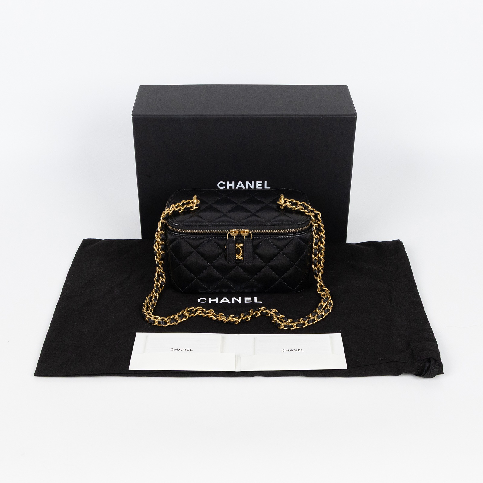 香奈兒 CHANEL Vanity Case Handle 斜背 手提 化妝箱  晶片款 黑金長盒子VANITY 防塵袋/原廠盒子