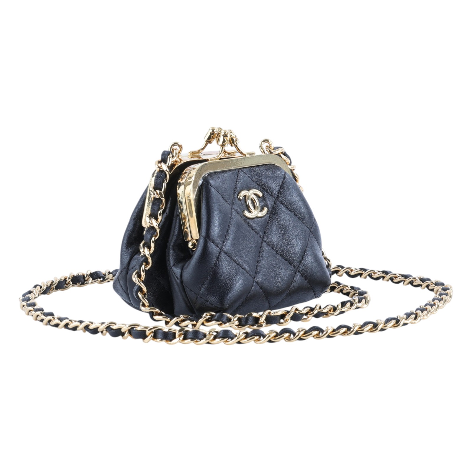 香奈兒 CHANEL 雙口金包  晶片款 黑金雙口小斜背包 原廠盒子/防塵袋