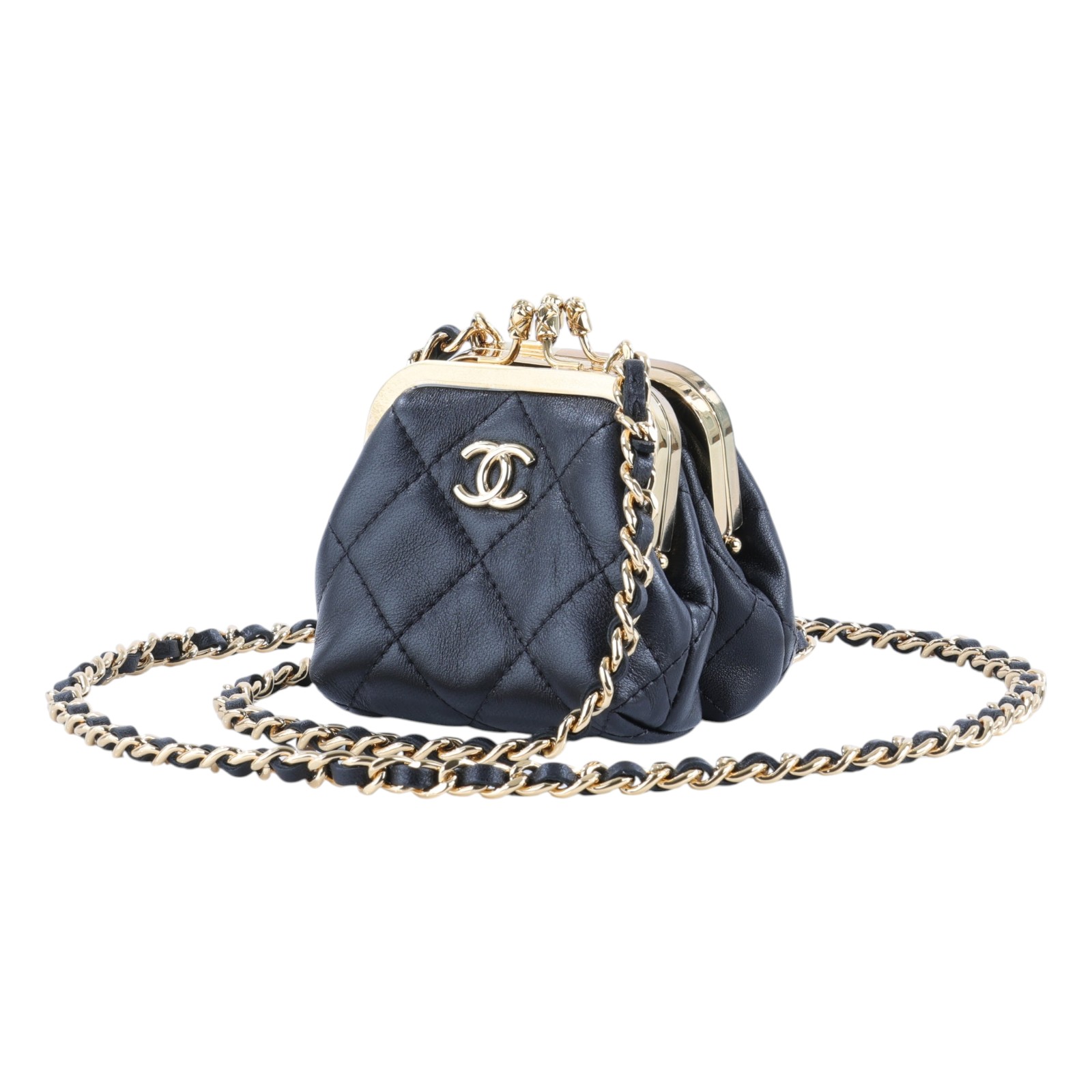 香奈兒 CHANEL 雙口金包  晶片款 黑金雙口小斜背包 原廠盒子/防塵袋