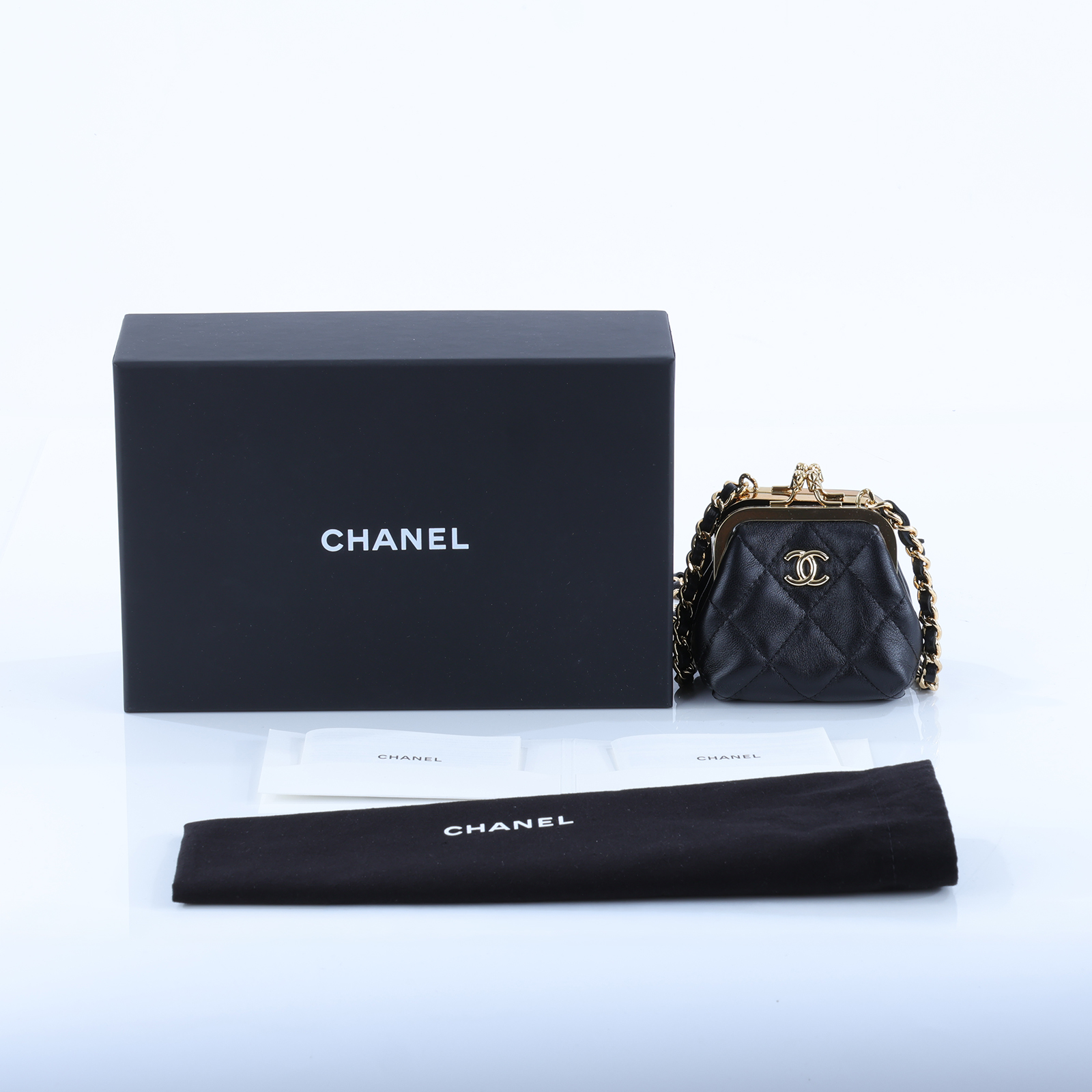 香奈兒 CHANEL 雙口金包  晶片款 黑金雙口小斜背包 原廠盒子/防塵袋