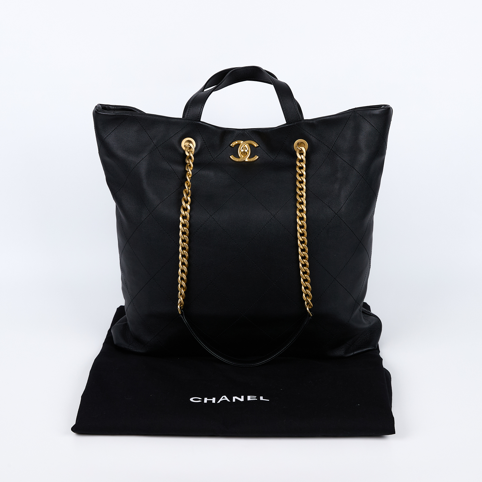 香奈兒 CHANEL Tote 手提 肩背 托特包 AS3128 晶片款 黑金小牛皮菱格托特 防塵袋