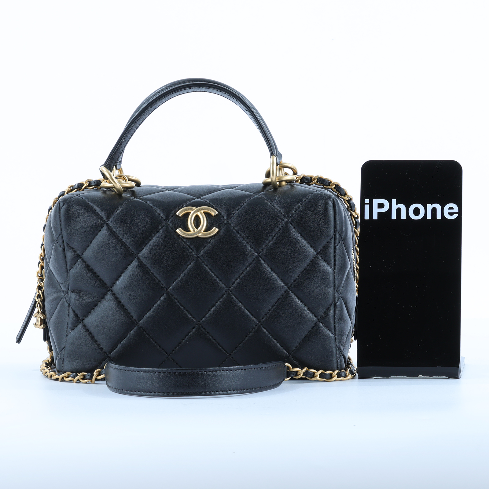 香奈兒 CHANEL 菱格紋 手提包 肩背包 斜背包 波士頓包 AS4202 晶片款 黑金羊保齡球肩背包 防塵袋