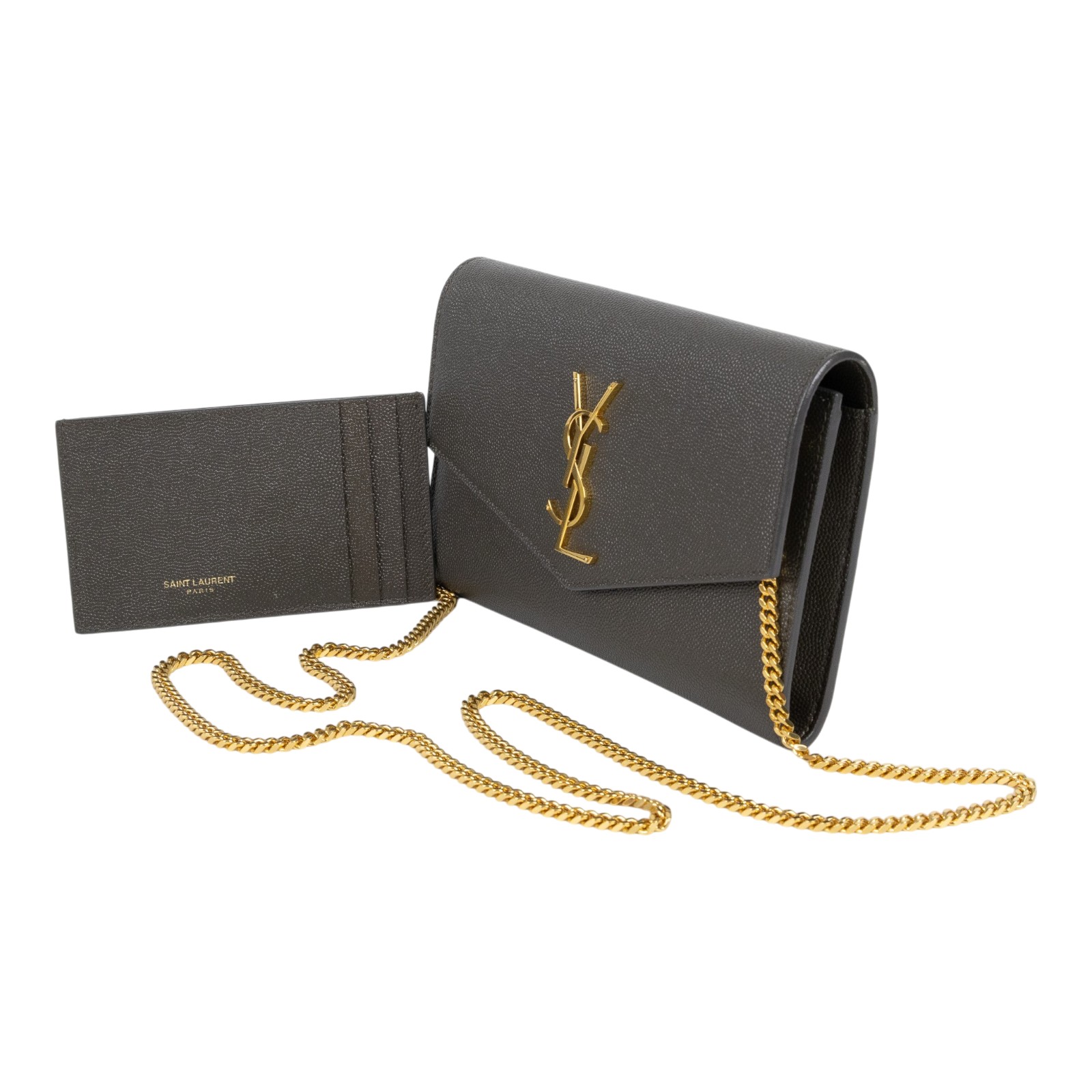 聖羅蘭 YSL SAINT LAURENT Uptown 粒面壓紋皮革 鏈條錢包 6077881GF0J 深灰信封WOC 原廠盒子/防塵袋