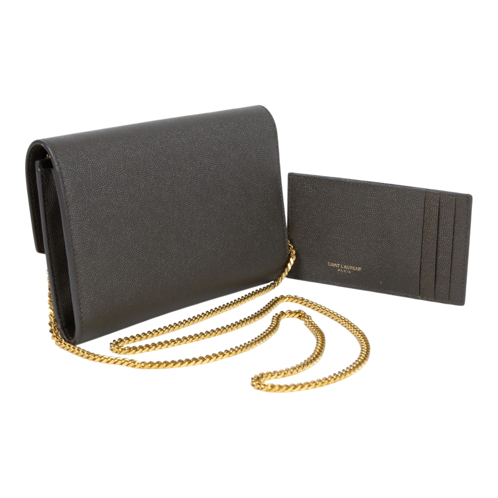 聖羅蘭 YSL SAINT LAURENT Uptown 粒面壓紋皮革 鏈條錢包 6077881GF0J 深灰信封WOC 原廠盒子/防塵袋