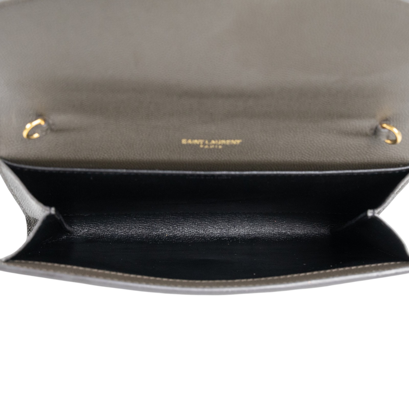 聖羅蘭 YSL SAINT LAURENT Uptown 粒面壓紋皮革 鏈條錢包 6077881GF0J 深灰信封WOC 原廠盒子/防塵袋