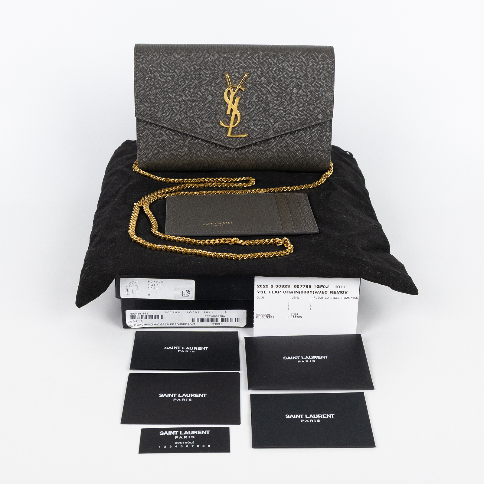 聖羅蘭 YSL SAINT LAURENT Uptown 粒面壓紋皮革 鏈條錢包 6077881GF0J 深灰信封WOC 原廠盒子/防塵袋