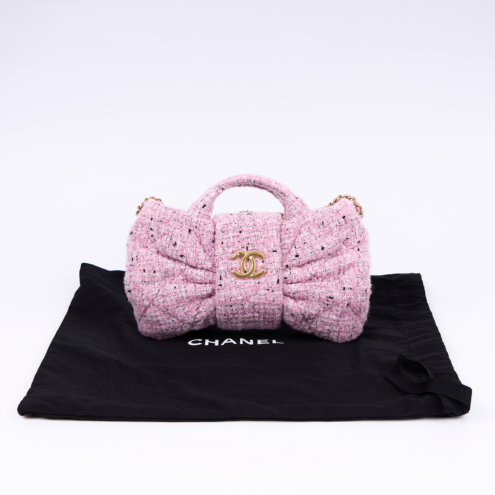 香奈兒 CHANEL 25K Coco Mark 手提包 肩背包 AS5849 晶片款 粉色毛呢蝴蝶結包 防塵袋