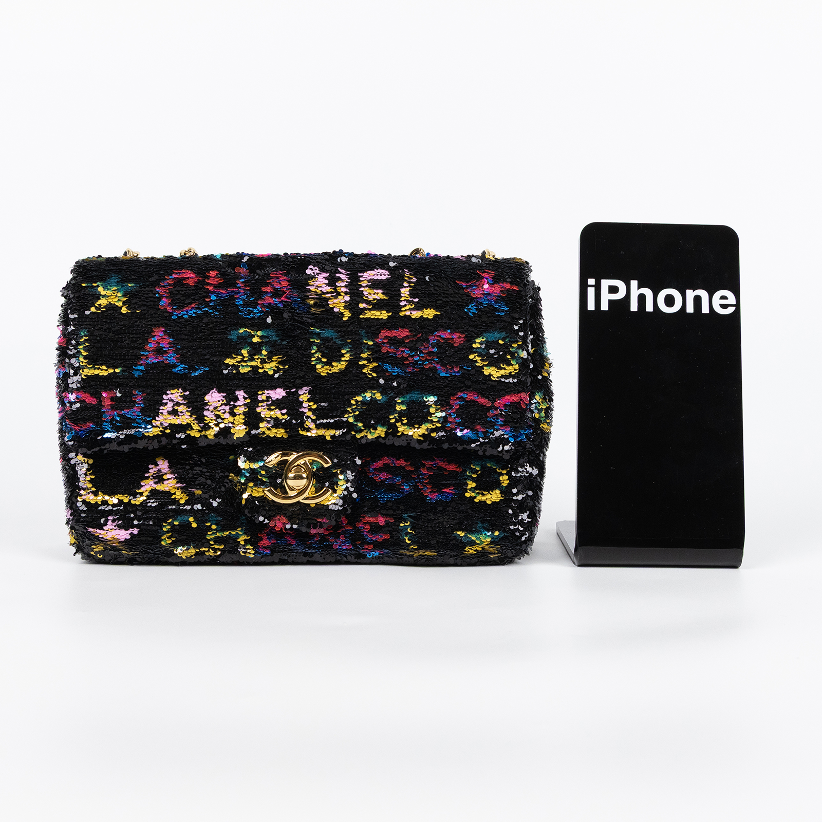香奈兒 CHANEL CF 迷你 口蓋包  晶片款 黑彩亮片COCO20 防塵袋