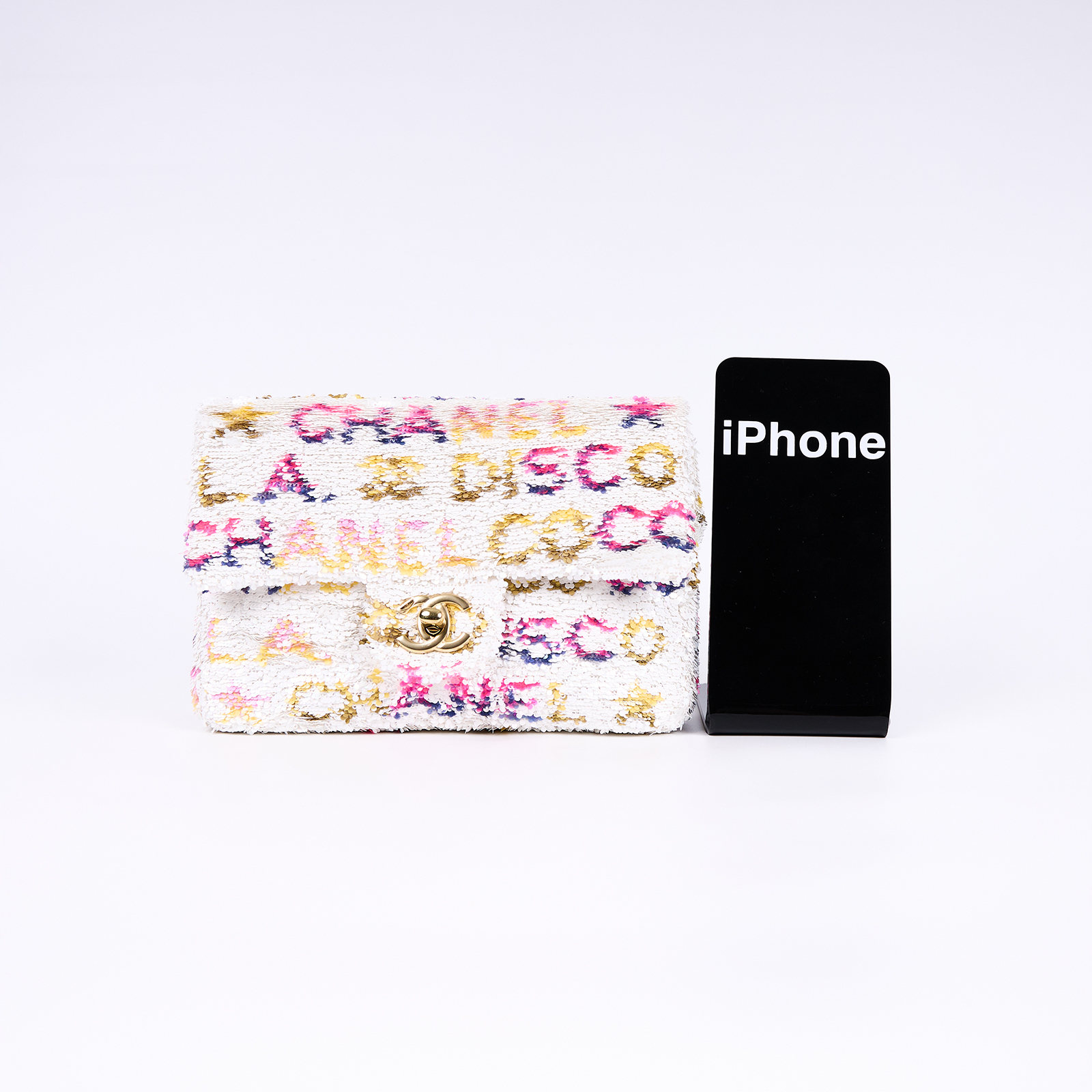 香奈兒 CHANEL CF 迷你 口蓋包  晶片款 白彩亮片COCO20 防塵袋
