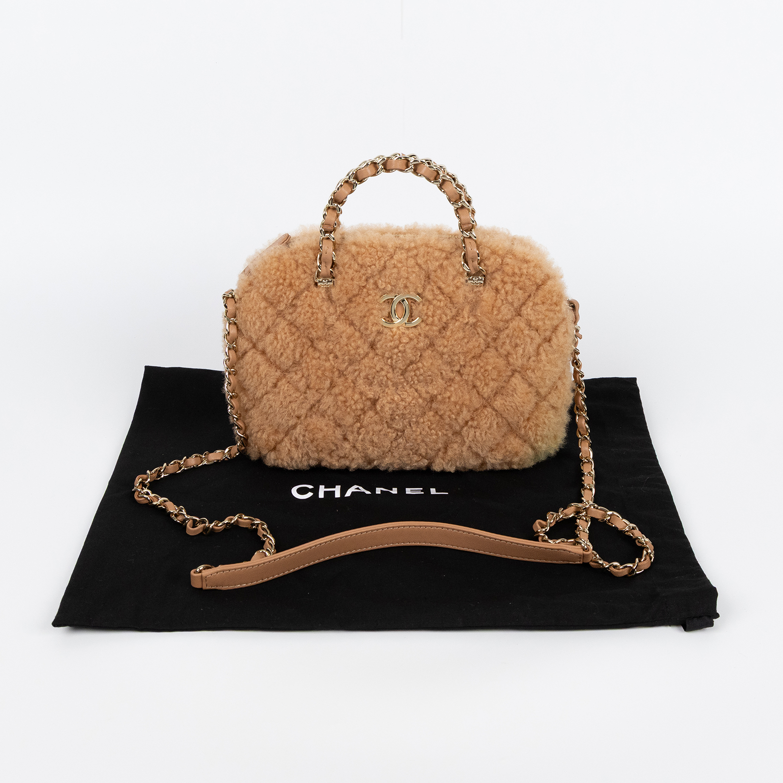 香奈兒 CHANEL 經典鏈帶 貝殼包  晶片款 奶茶毛毛貝殼包 防塵袋