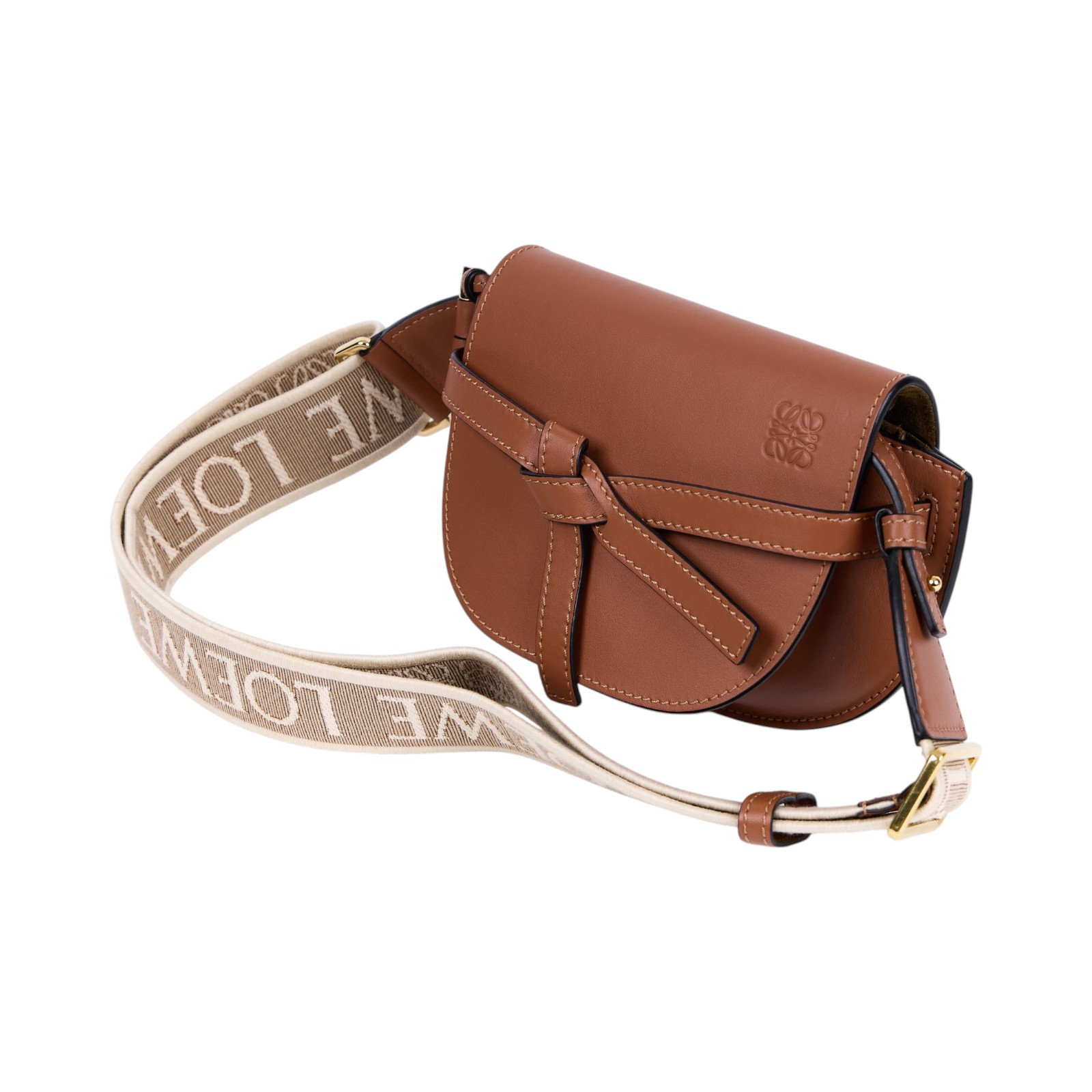 羅意威 LOEWE Mini Gate Dual bag 迷你 小牛皮 肩背包 帆布背帶 A650N46X13 焦糖MINI GATE 帆布背帶款 防塵袋/背帶