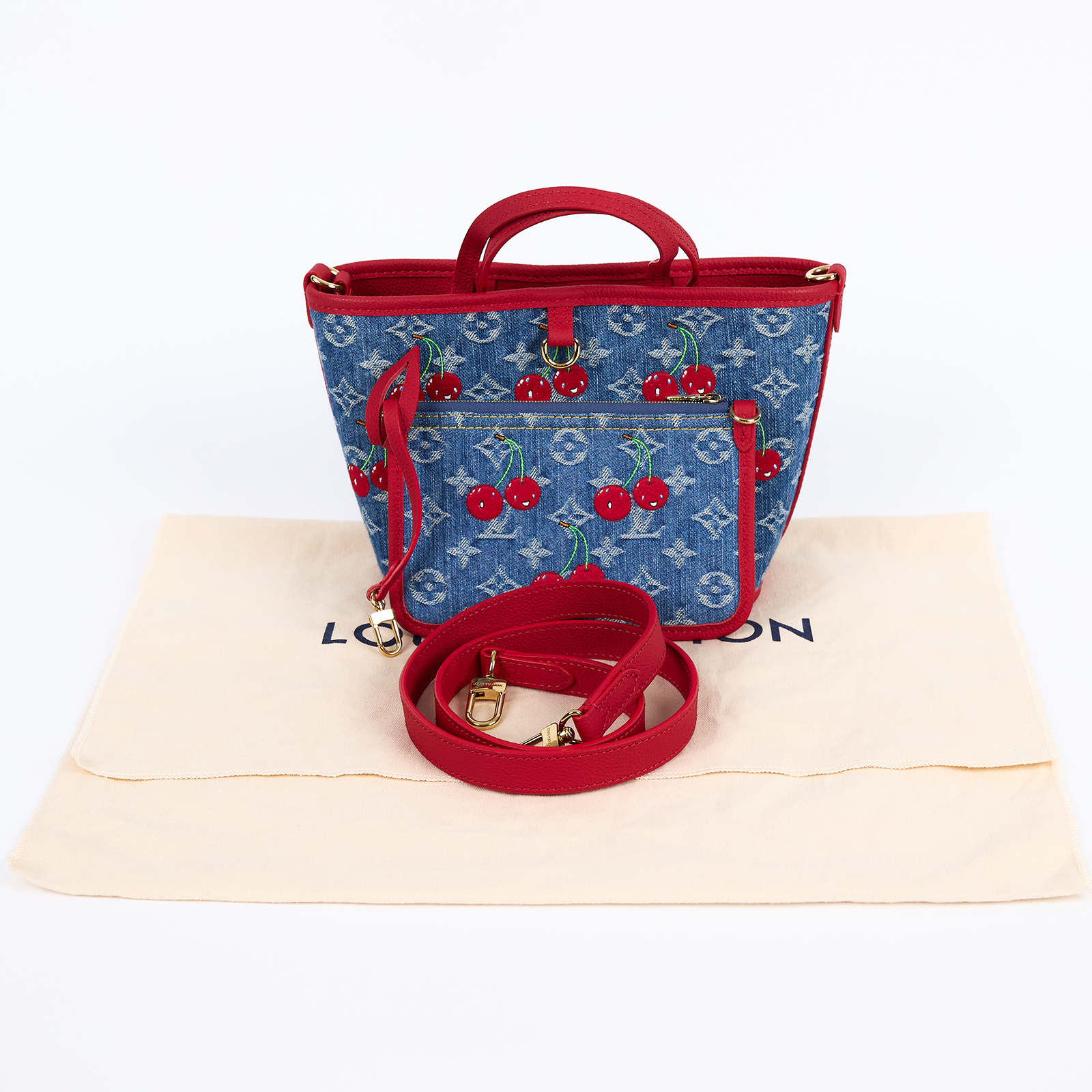 路易威登 LOUIS VUITTON TM 村上隆 Neverfull Inside Out BB 櫻桃 手提包 肩背包 斜背包 M14997 晶片款  防塵袋/背帶/內袋