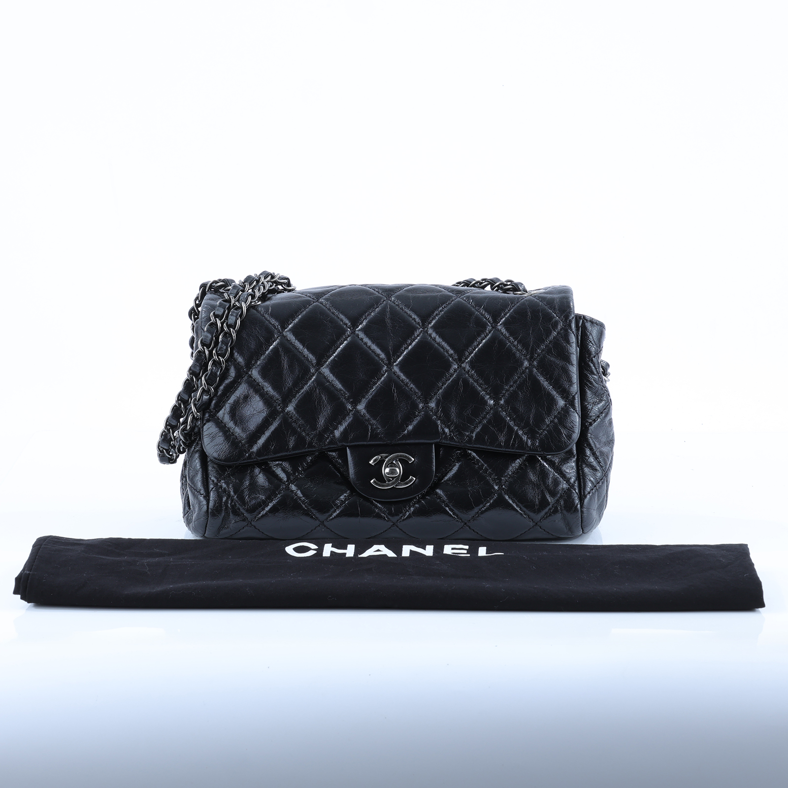香奈兒 CHANEL Coco Soft 翻蓋包  20開黑油蠟皮雙層肩背包 防塵袋