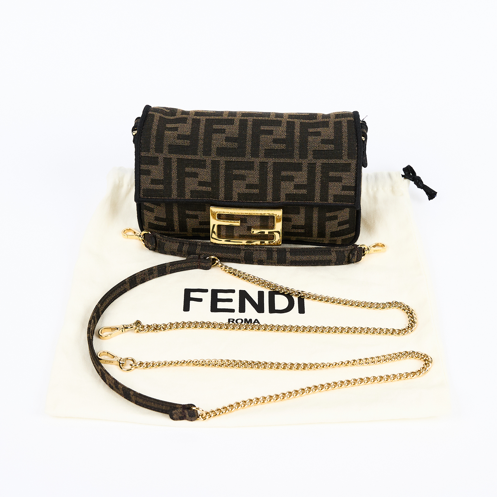 芬迪 FENDI Baguette  8BS017A6V5 棕FF迷你法棍包 防塵袋/背帶