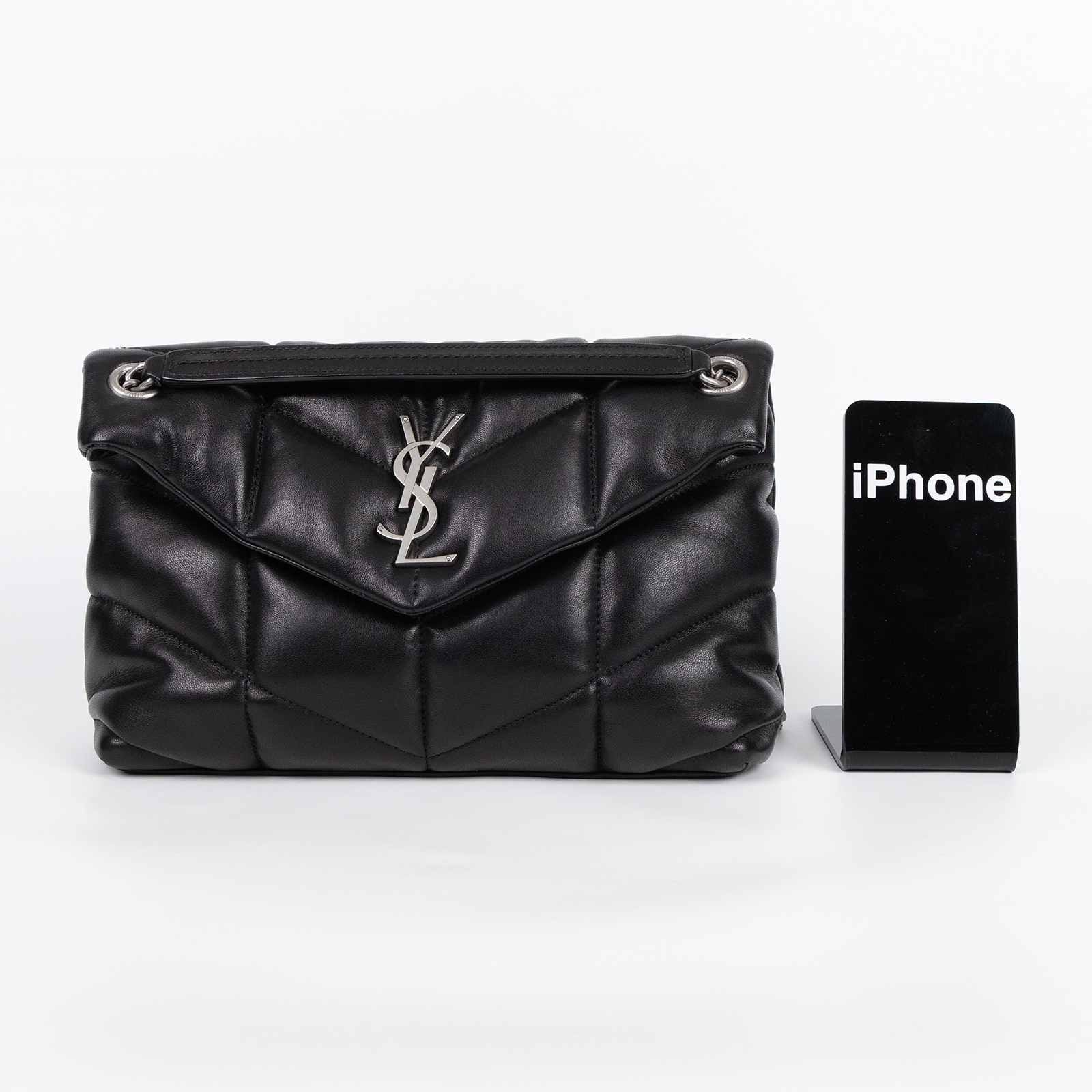 聖羅蘭 YSL SAINT LAURENT Puffer 絎縫納帕皮包 小型 銀色五金 5774761EL00 黑銀PUFFER 小號 防塵袋