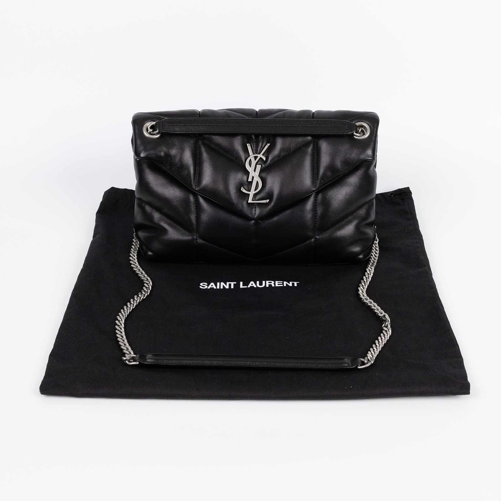 聖羅蘭 YSL SAINT LAURENT Puffer 絎縫納帕皮包 小型 銀色五金 5774761EL00 黑銀PUFFER 小號 防塵袋