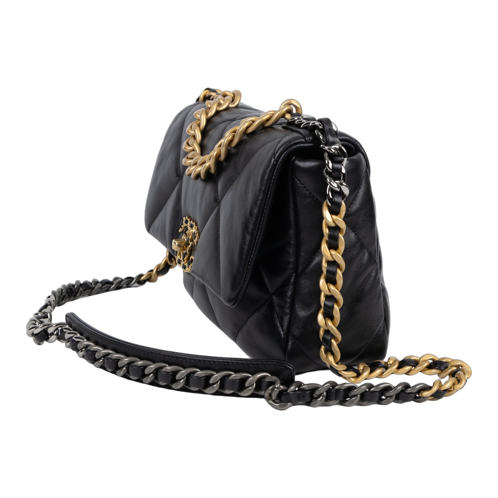 香奈兒 CHANEL 19 口蓋包 菱格紋 金銀鍊帶 手提 肩背包 AS1160 晶片款 黑羊19包 26CM 無附屬品