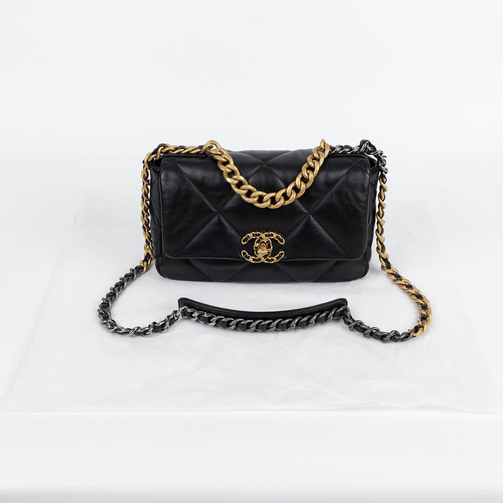 香奈兒 CHANEL 19 口蓋包 菱格紋 金銀鍊帶 手提 肩背包 AS1160 晶片款 黑羊19包 26CM 無附屬品