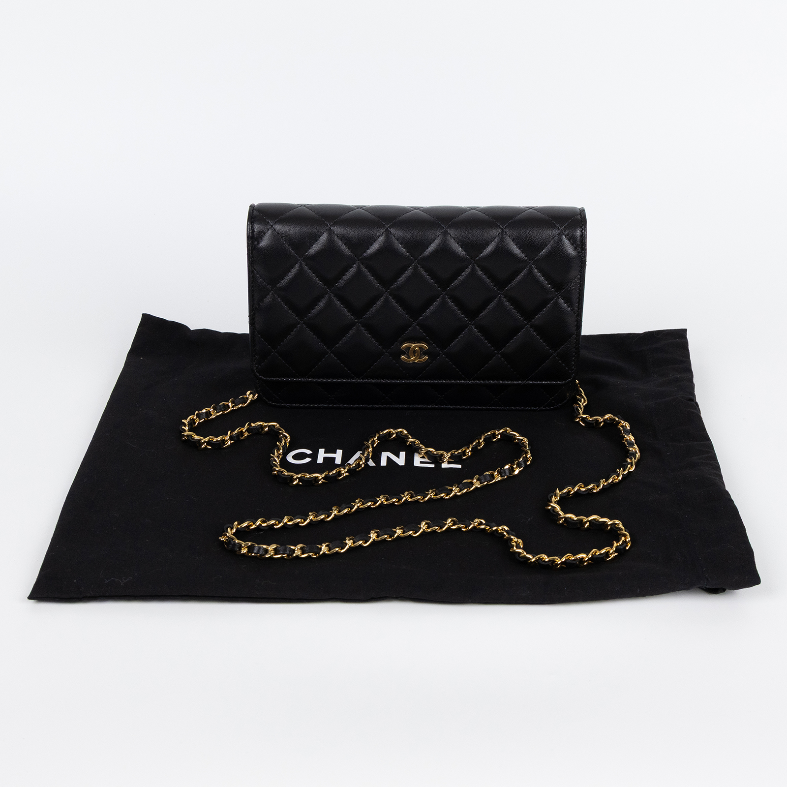 香奈兒 CHANEL 經典鏈子皮夾 菱格紋 CC LOGO AP0250 晶片款 黑金羊WOC 防塵袋