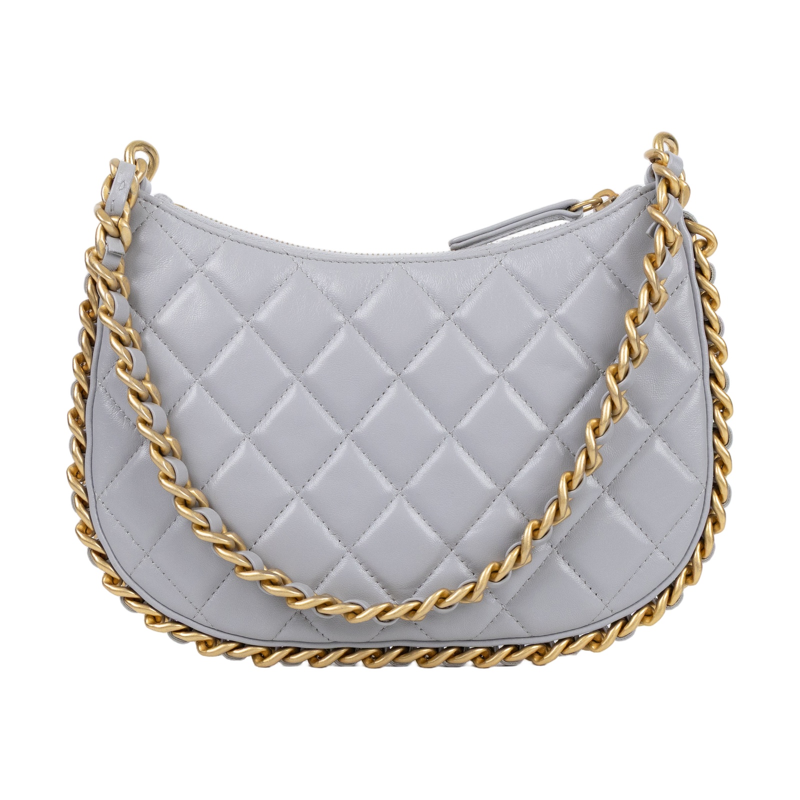香奈兒 CHANEL cc logo 菱格紋 Hobo 嬉皮鏈條包 AP3486 晶片款 灰HOBO腋下包 原廠盒子/防塵袋