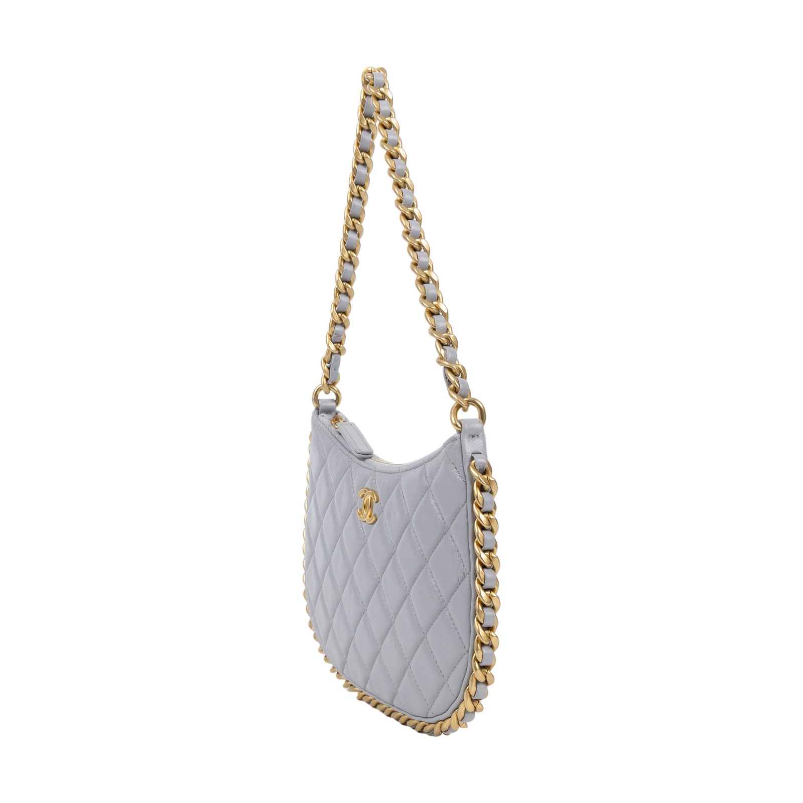 香奈兒 CHANEL cc logo 菱格紋 Hobo 嬉皮鏈條包 AP3486 晶片款 灰HOBO腋下包 原廠盒子/防塵袋