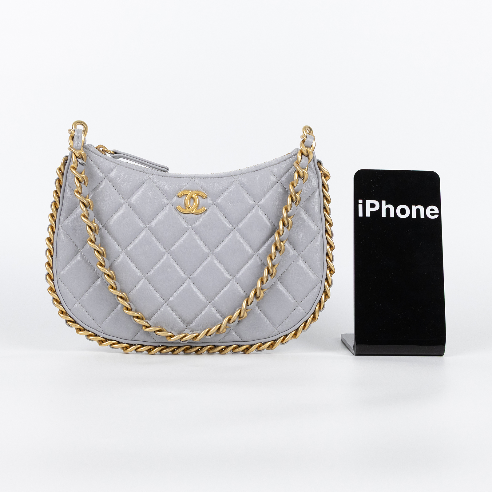 香奈兒 CHANEL cc logo 菱格紋 Hobo 嬉皮鏈條包 AP3486 晶片款 灰HOBO腋下包 原廠盒子/防塵袋