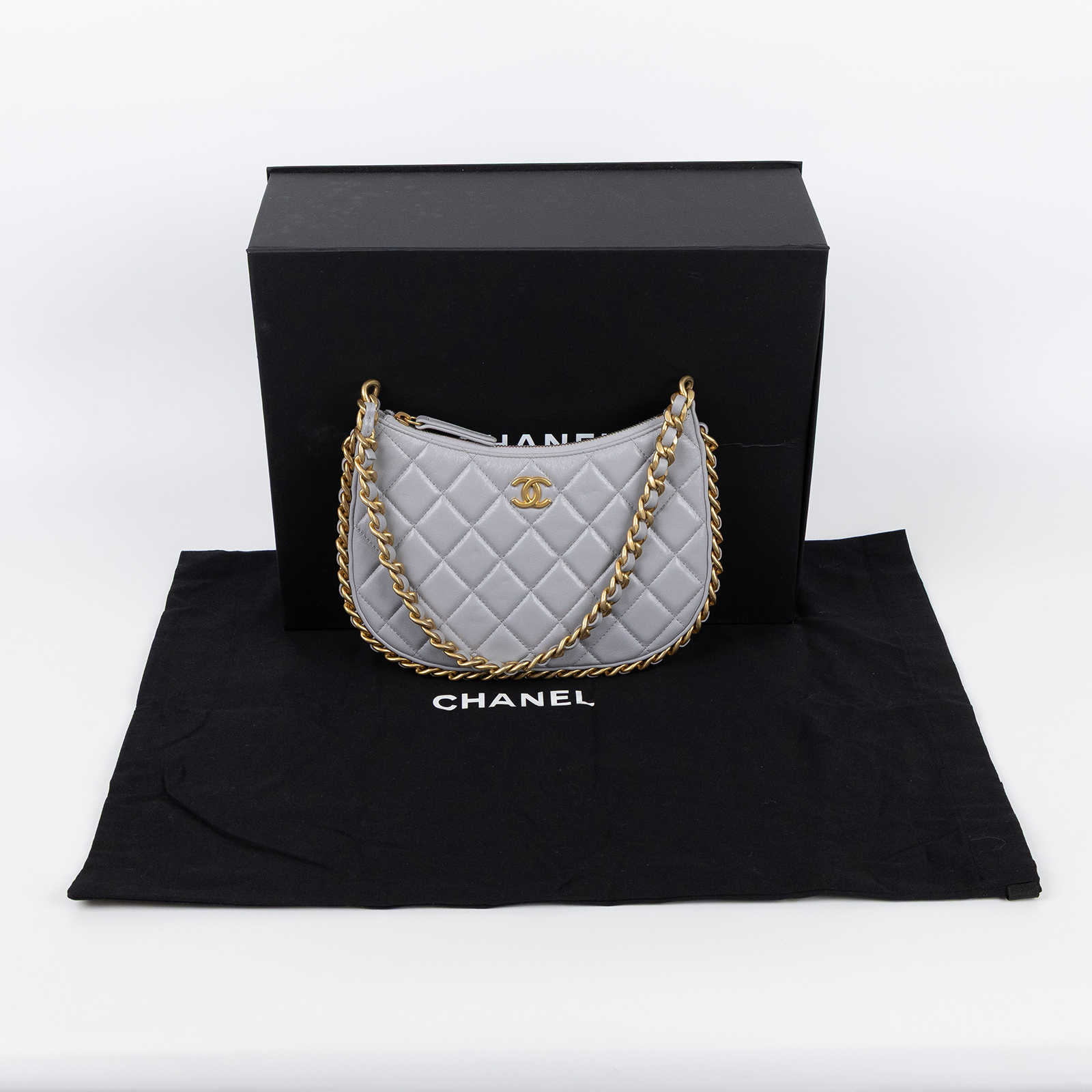 香奈兒 CHANEL cc logo 菱格紋 Hobo 嬉皮鏈條包 AP3486 晶片款 灰HOBO腋下包 原廠盒子/防塵袋