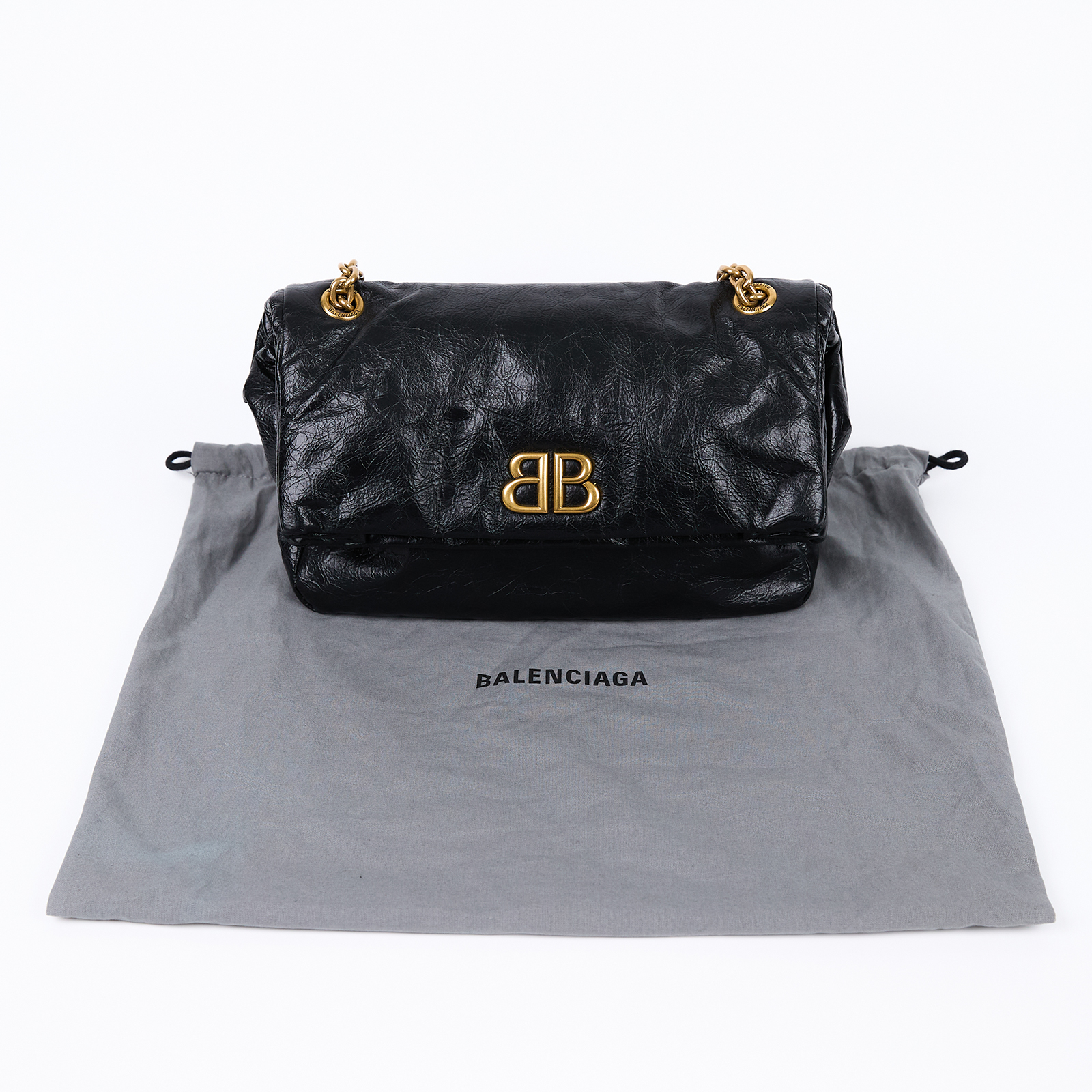 巴黎世家 BALENCIAGA Monaco 小型 摺疊 鍊帶包 7918472AA5C 黑金MONACO鍊包 防塵袋