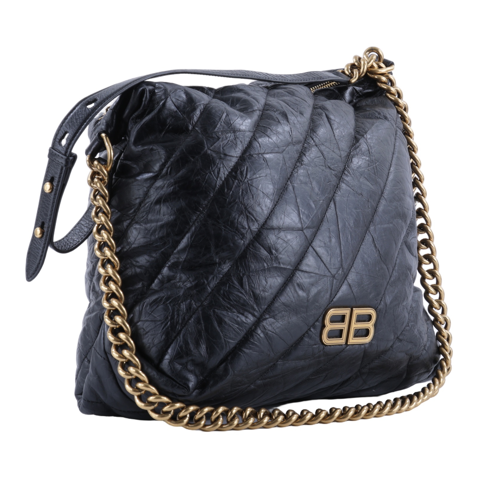 巴黎世家 BALENCIAGA Crush M 肩背包 手提包 金色五金 806487210J1 黑抓皺CRUSH ZIPPED HOBO MEDIUM 防塵袋
