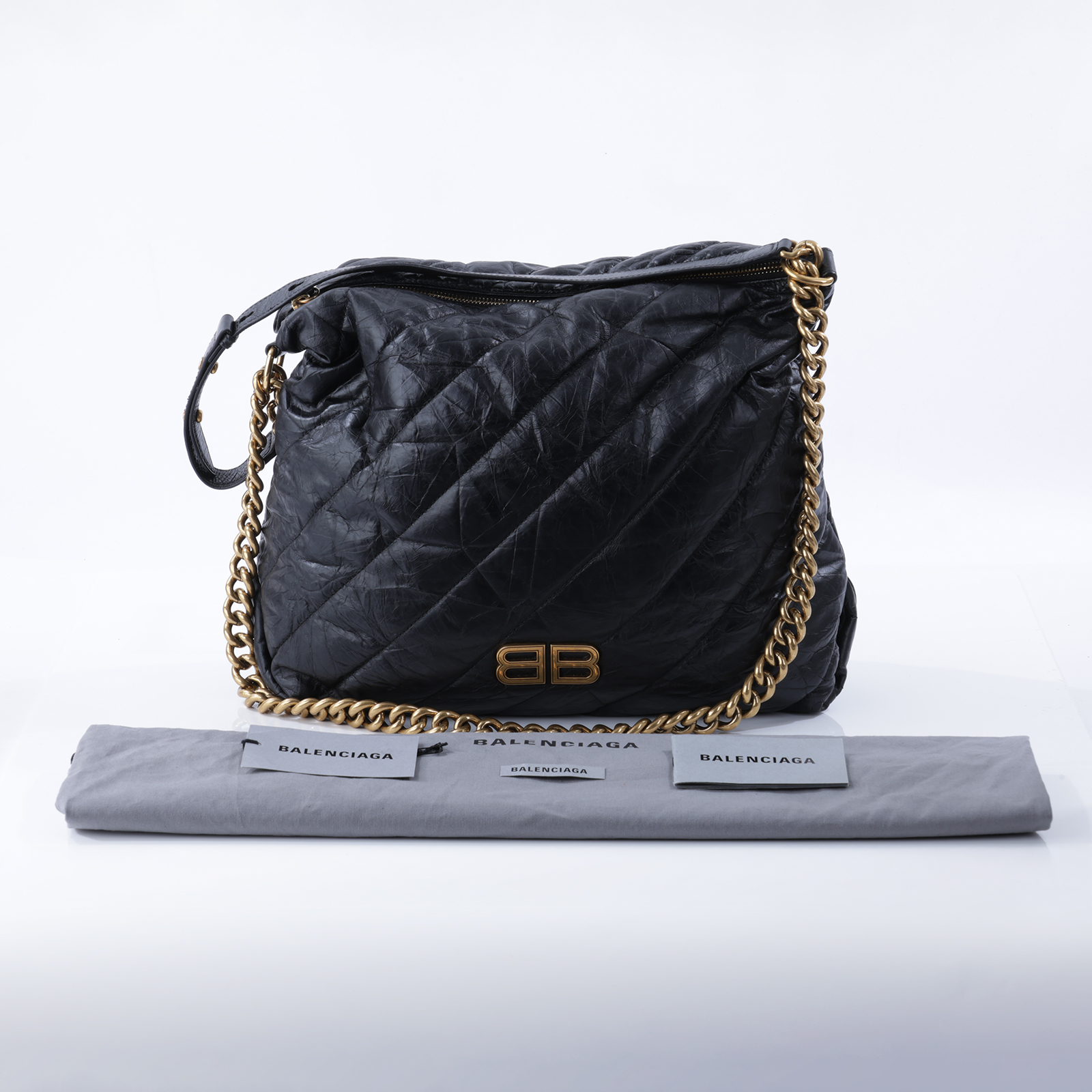 巴黎世家 BALENCIAGA Crush M 肩背包 手提包 金色五金 806487210J1 黑抓皺CRUSH ZIPPED HOBO MEDIUM 防塵袋