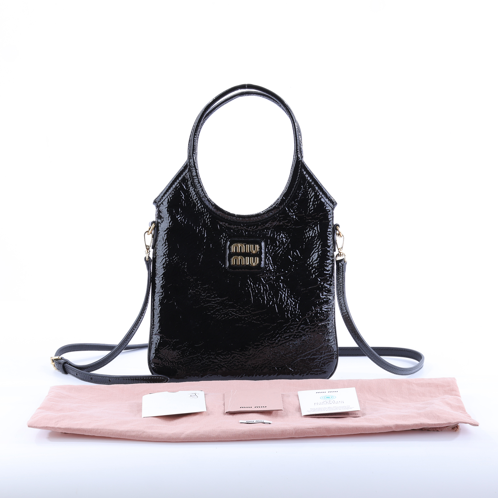 繆繆 MIU MIU Ivy 手提包 5BA281_ADNT 黑色漆皮 IVY MINI 防塵袋/背帶