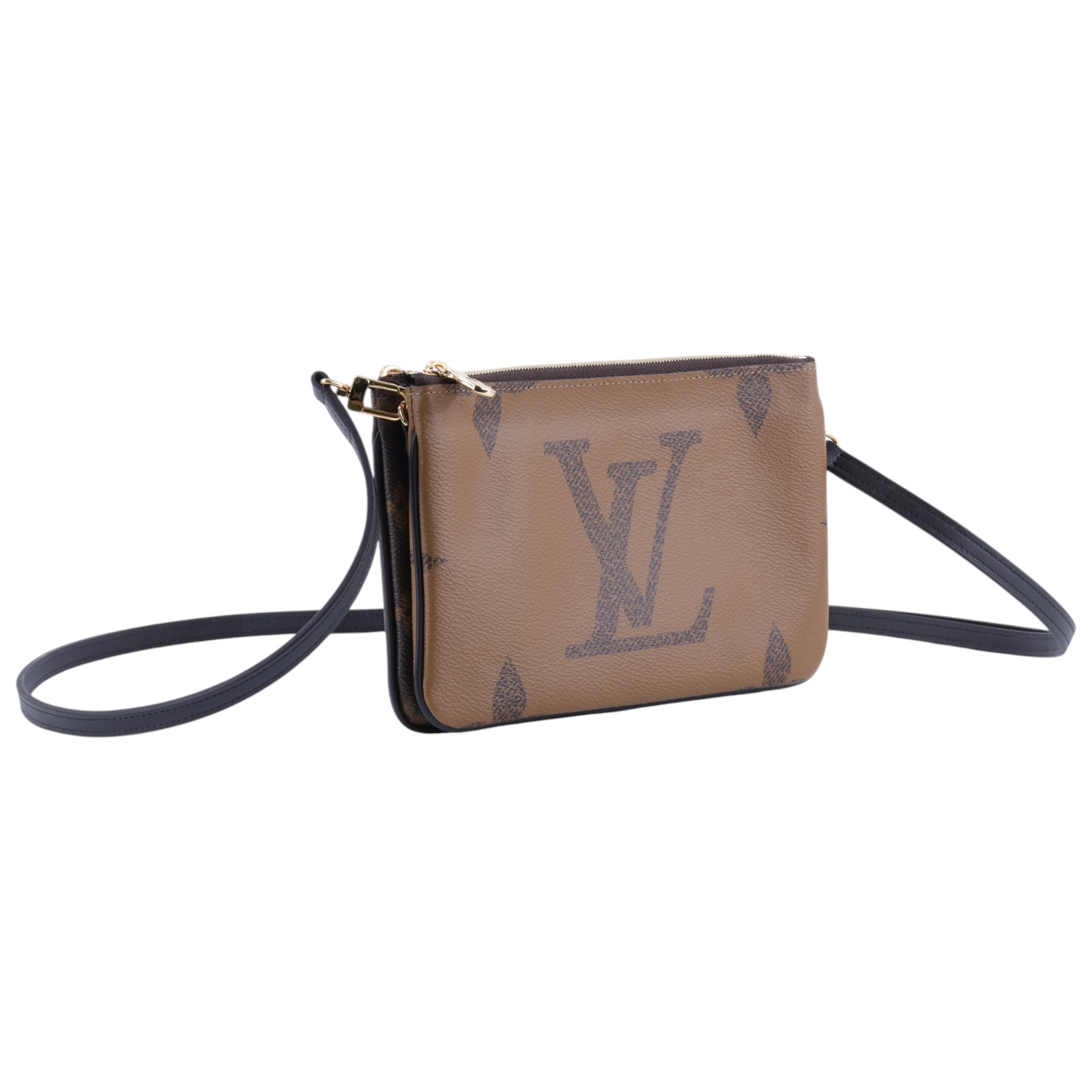 路易威登 LOUIS VUITTON Double Zip Pochette Reverse 帆布 多夾層手拿 斜背包 M69203 晶片款  防塵袋/背帶