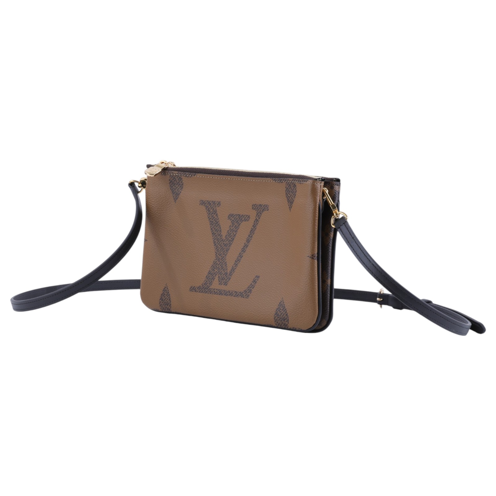 路易威登 LOUIS VUITTON Double Zip Pochette Reverse 帆布 多夾層手拿 斜背包 M69203 晶片款  防塵袋/背帶