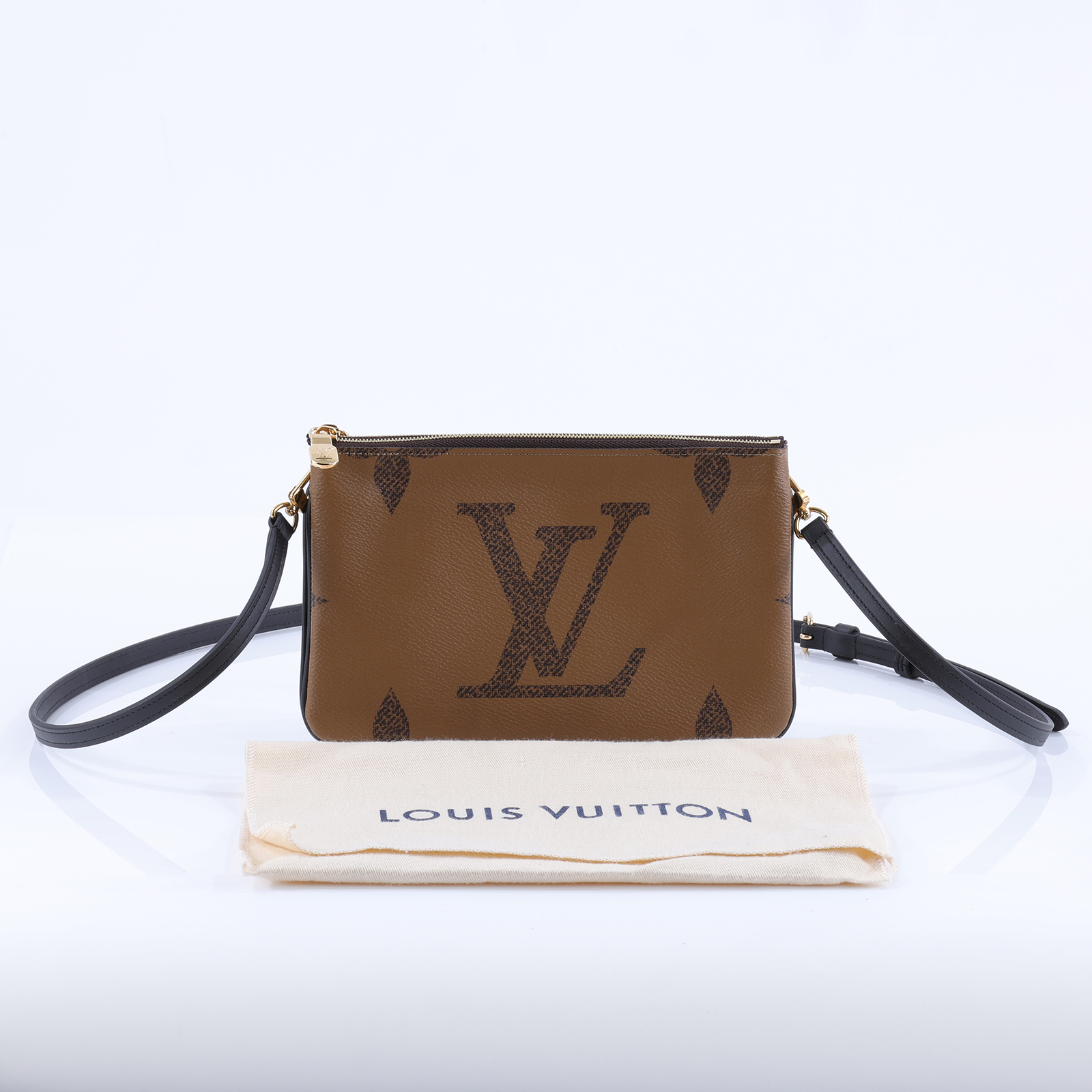 路易威登 LOUIS VUITTON Double Zip Pochette Reverse 帆布 多夾層手拿 斜背包 M69203 晶片款  防塵袋/背帶
