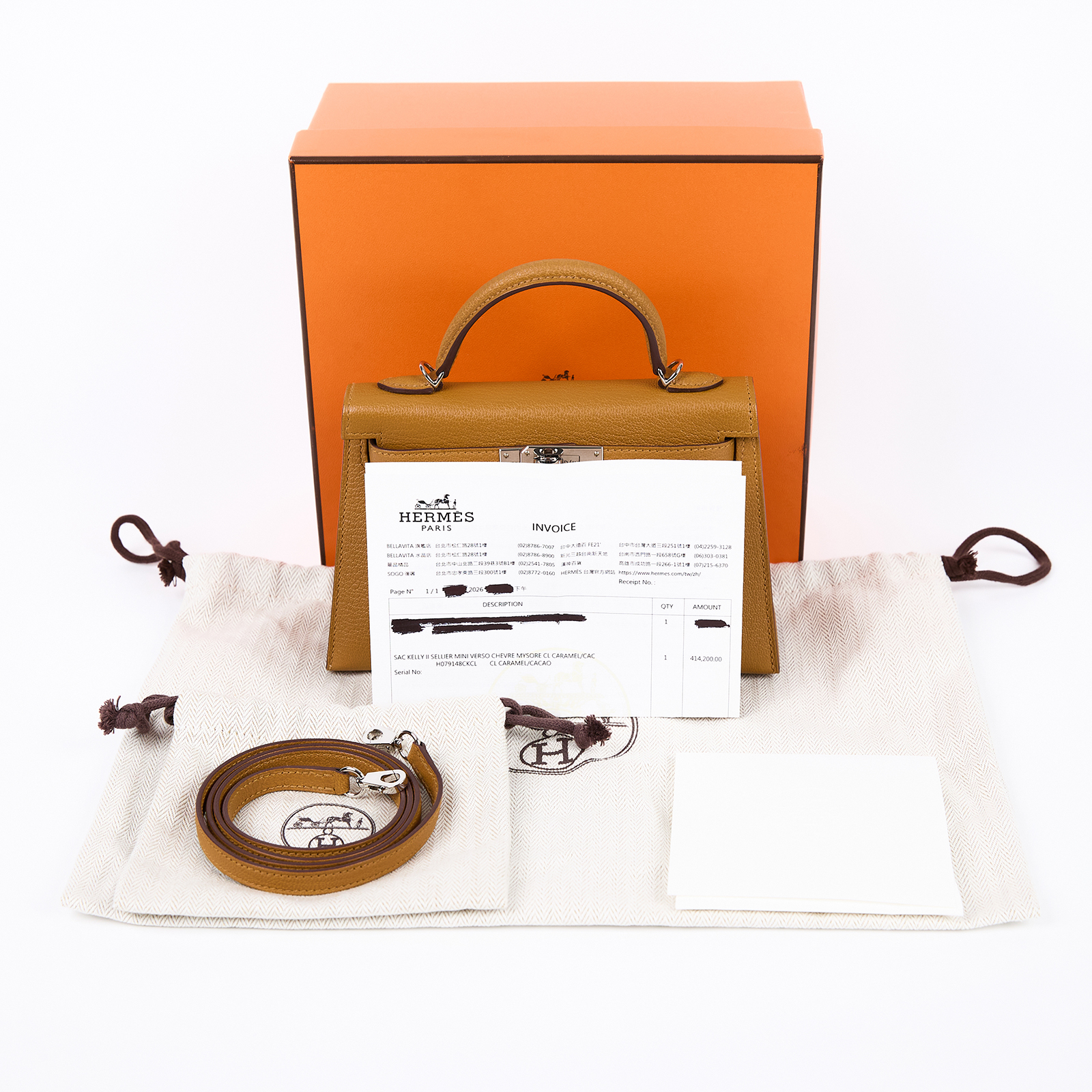 愛馬仕 Hermes Kelly Bag 凱莉包 mini 銀色五金 焦糖色 可可色 H079148CKCL /KHT768DK  原廠盒子/防塵袋/背帶/台灣購買證明