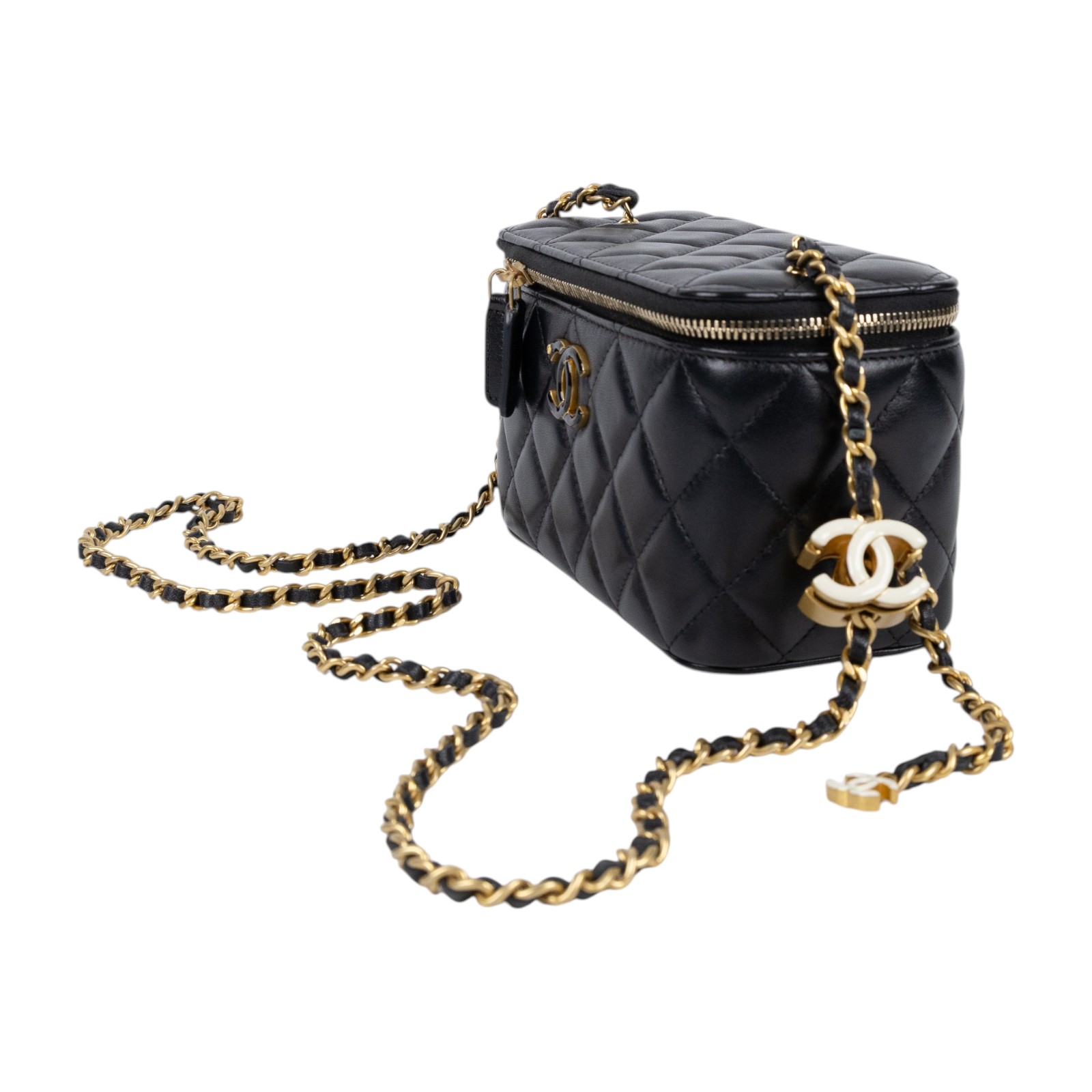 香奈兒 CHANEL CC LOGO 化妝盒 化妝箱 斜背包 Vanity Case AP3258 晶片款 黑金羊皮調節扣VANITY 防塵袋