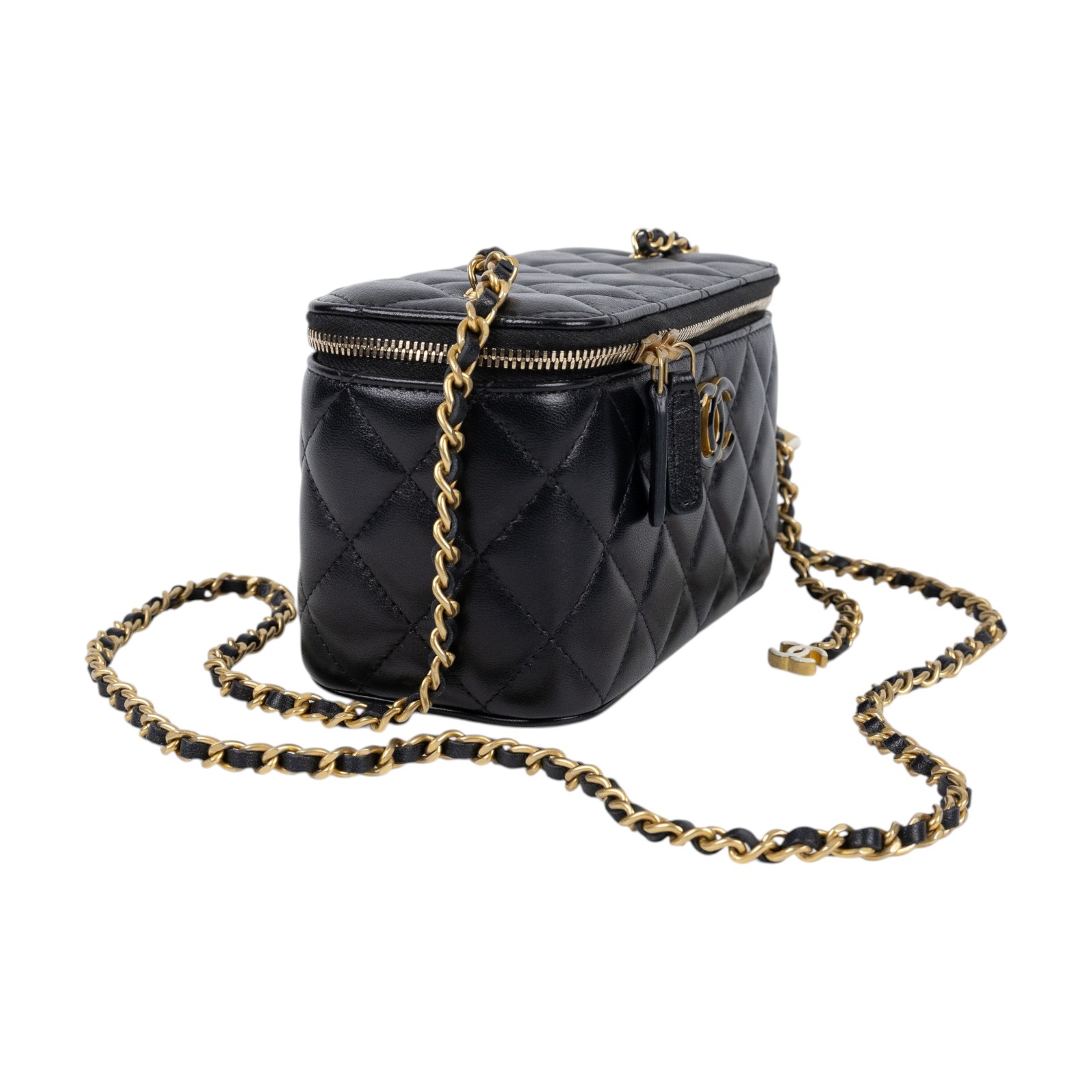 香奈兒 CHANEL CC LOGO 化妝盒 化妝箱 斜背包 Vanity Case AP3258 晶片款 黑金羊皮調節扣VANITY 防塵袋